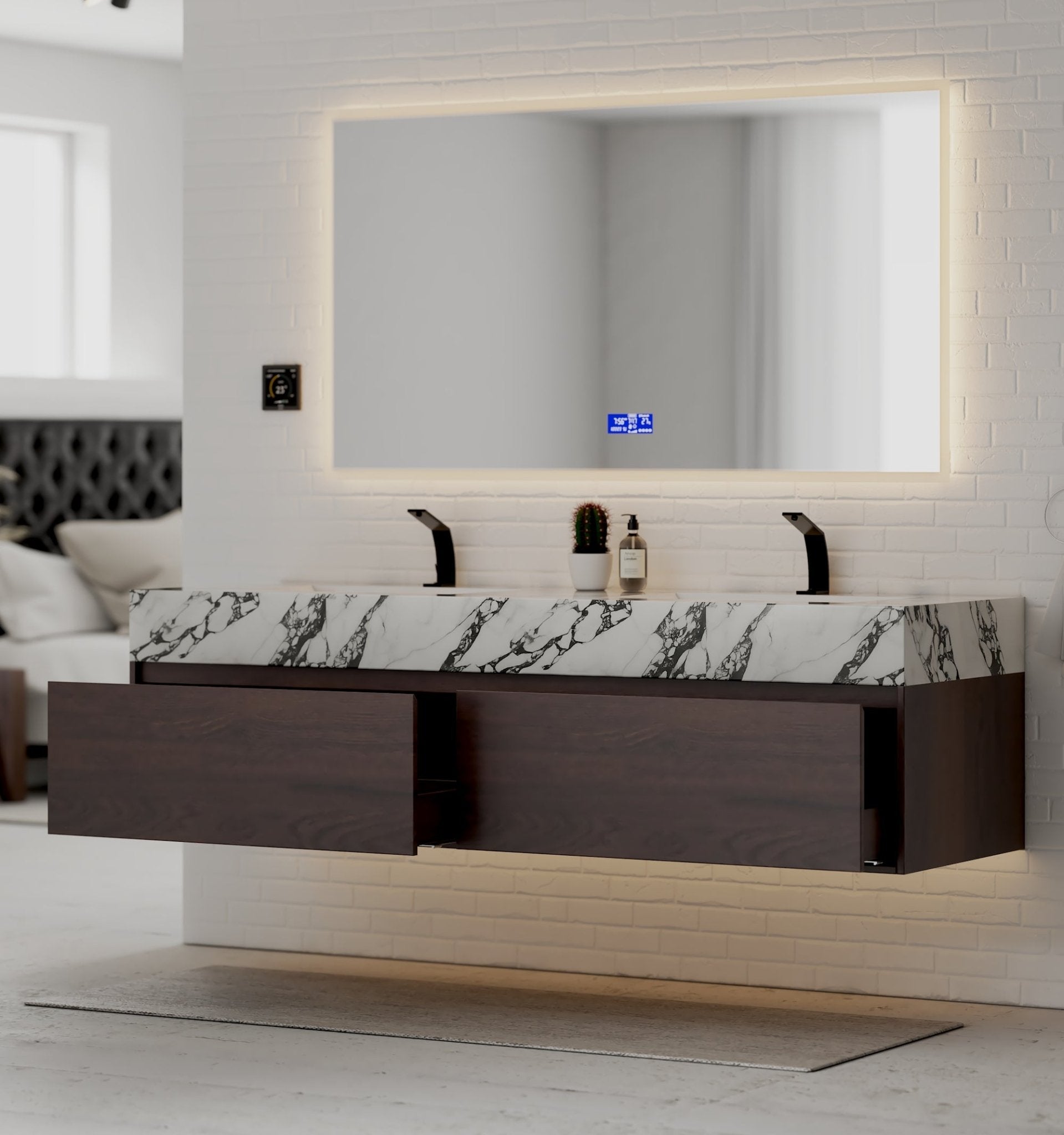 71" Walnut Double Sink Stone Top Two Drawers Floating Bathroom Vanity - VanityWalnut NeoNova Decor