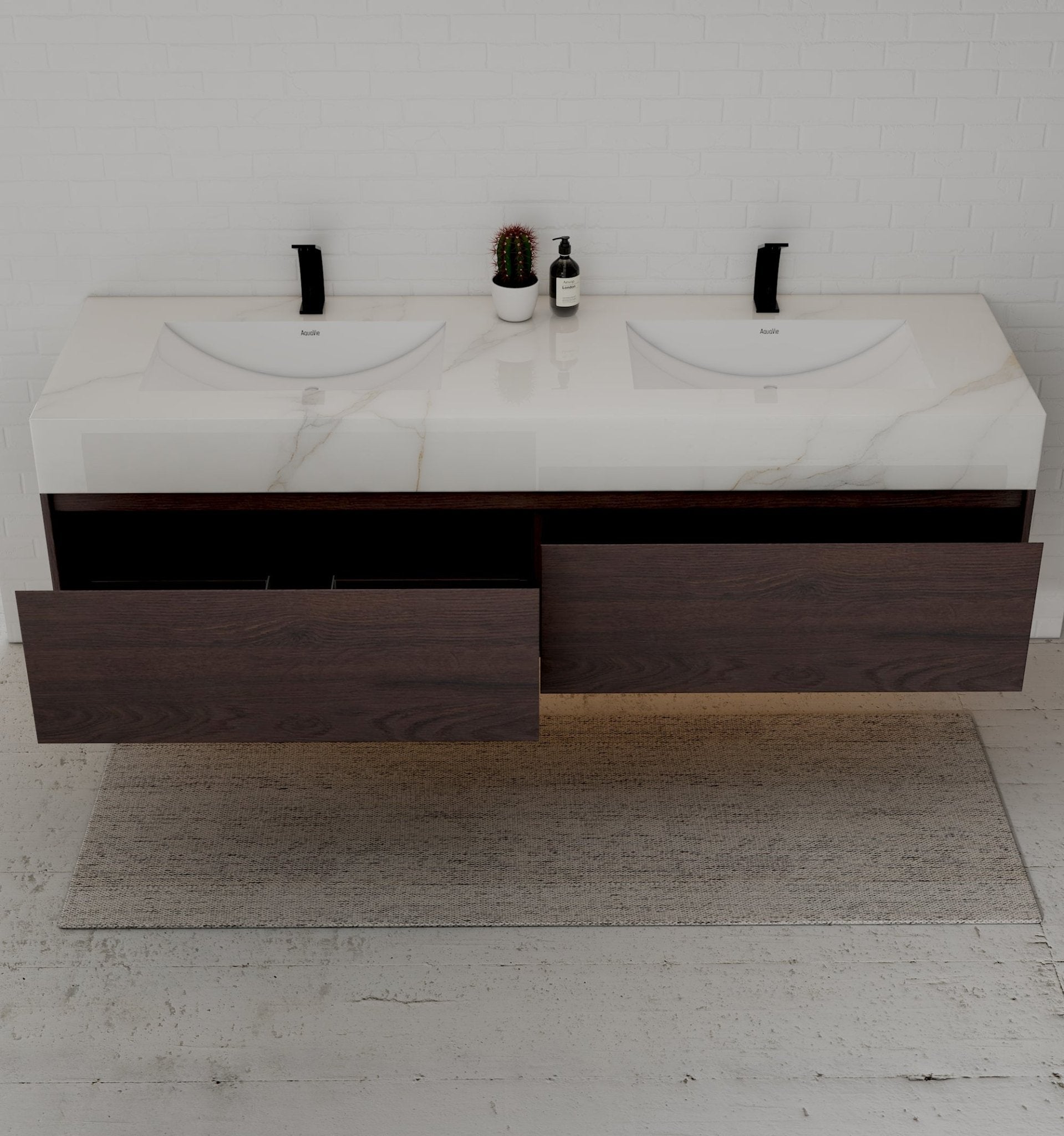 71" Walnut Double Sink Stone Top Two Drawers Floating Bathroom Vanity - VanityWalnut NeoNova Decor
