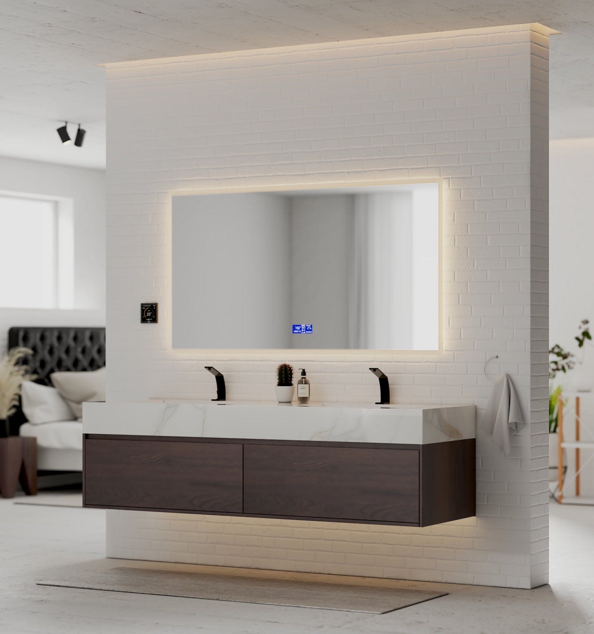 71" Walnut Double Sink Stone Top Two Drawers Floating Bathroom Vanity - VanityWalnut NeoNova Decor