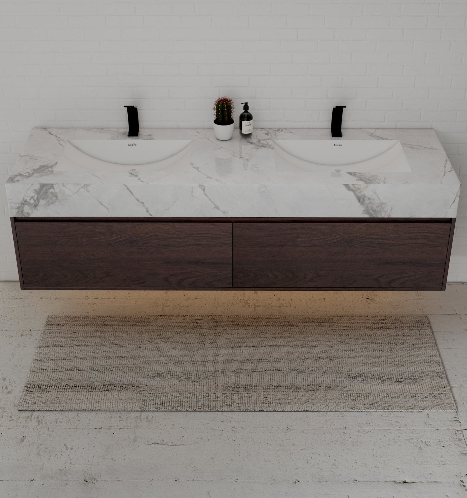 71" Walnut Double Sink Stone Top Two Drawers Floating Bathroom Vanity - VanityWalnut NeoNova Decor