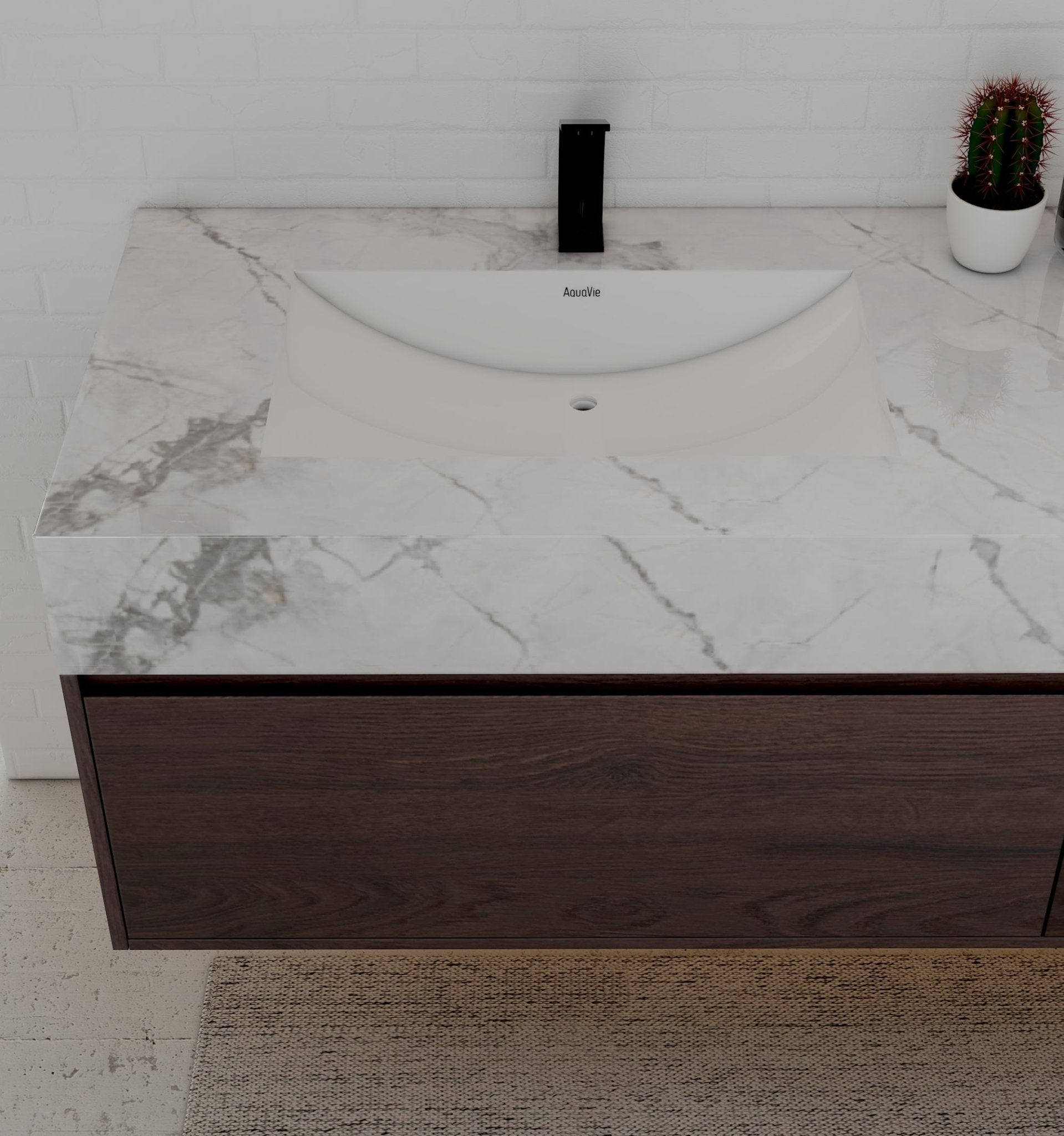 71" Walnut Double Sink Stone Top Two Drawers Floating Bathroom Vanity - VanityWalnut NeoNova Decor