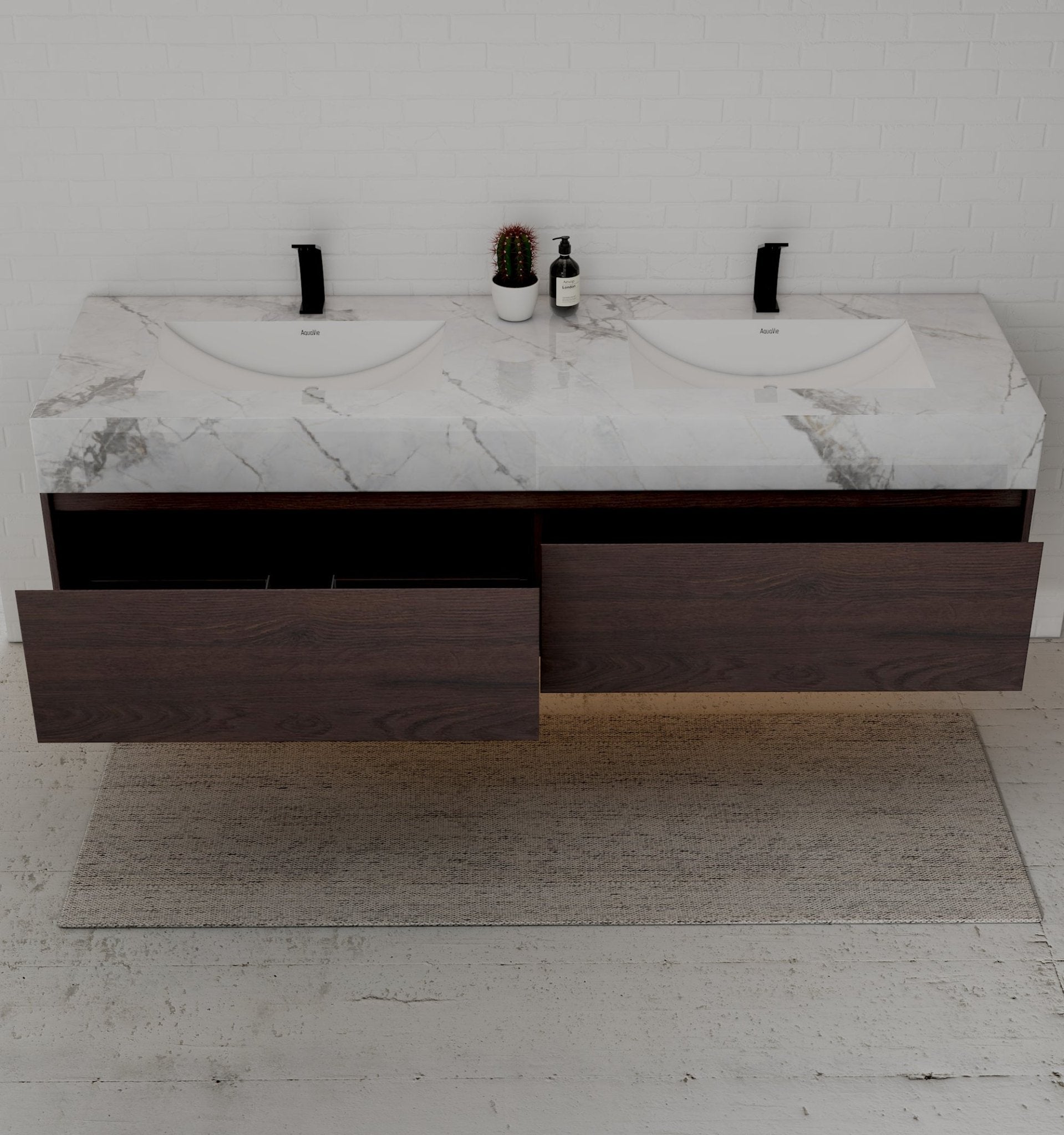 71" Walnut Double Sink Stone Top Two Drawers Floating Bathroom Vanity - VanityWalnut NeoNova Decor