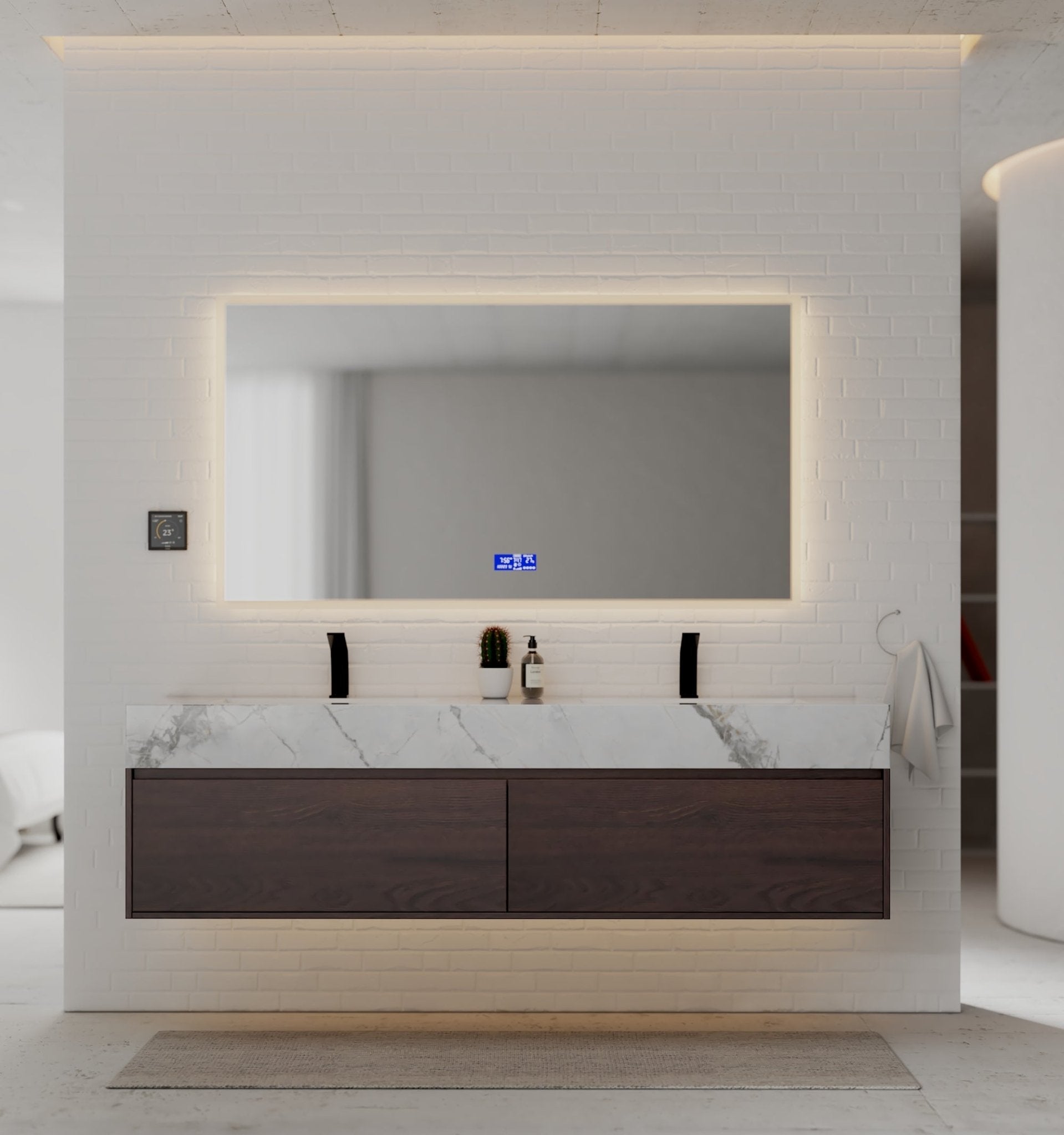 71" Walnut Double Sink Stone Top Two Drawers Floating Bathroom Vanity - VanityWalnut NeoNova Decor