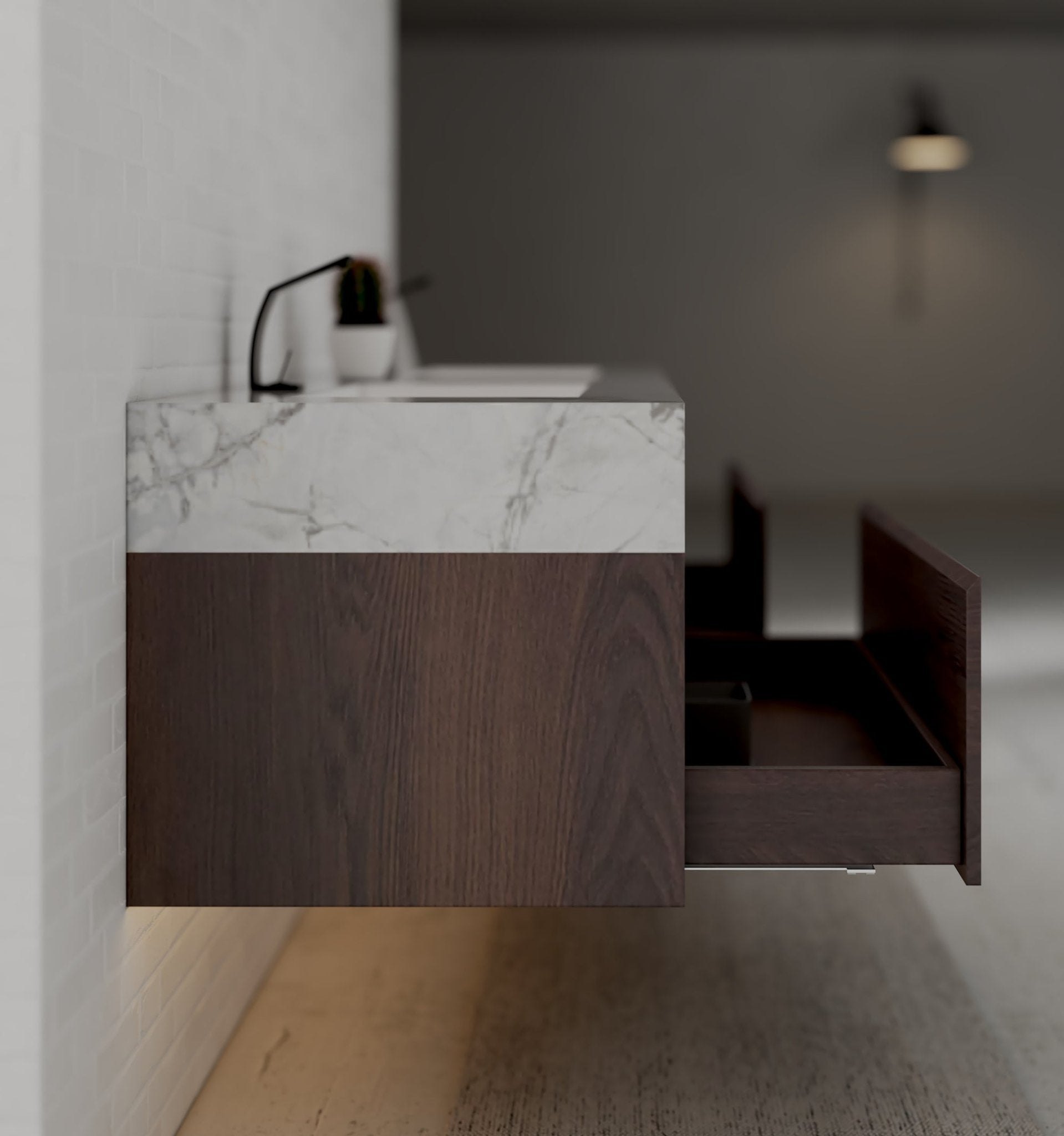 71" Walnut Double Sink Stone Top Two Drawers Floating Bathroom Vanity - VanityWalnut NeoNova Decor