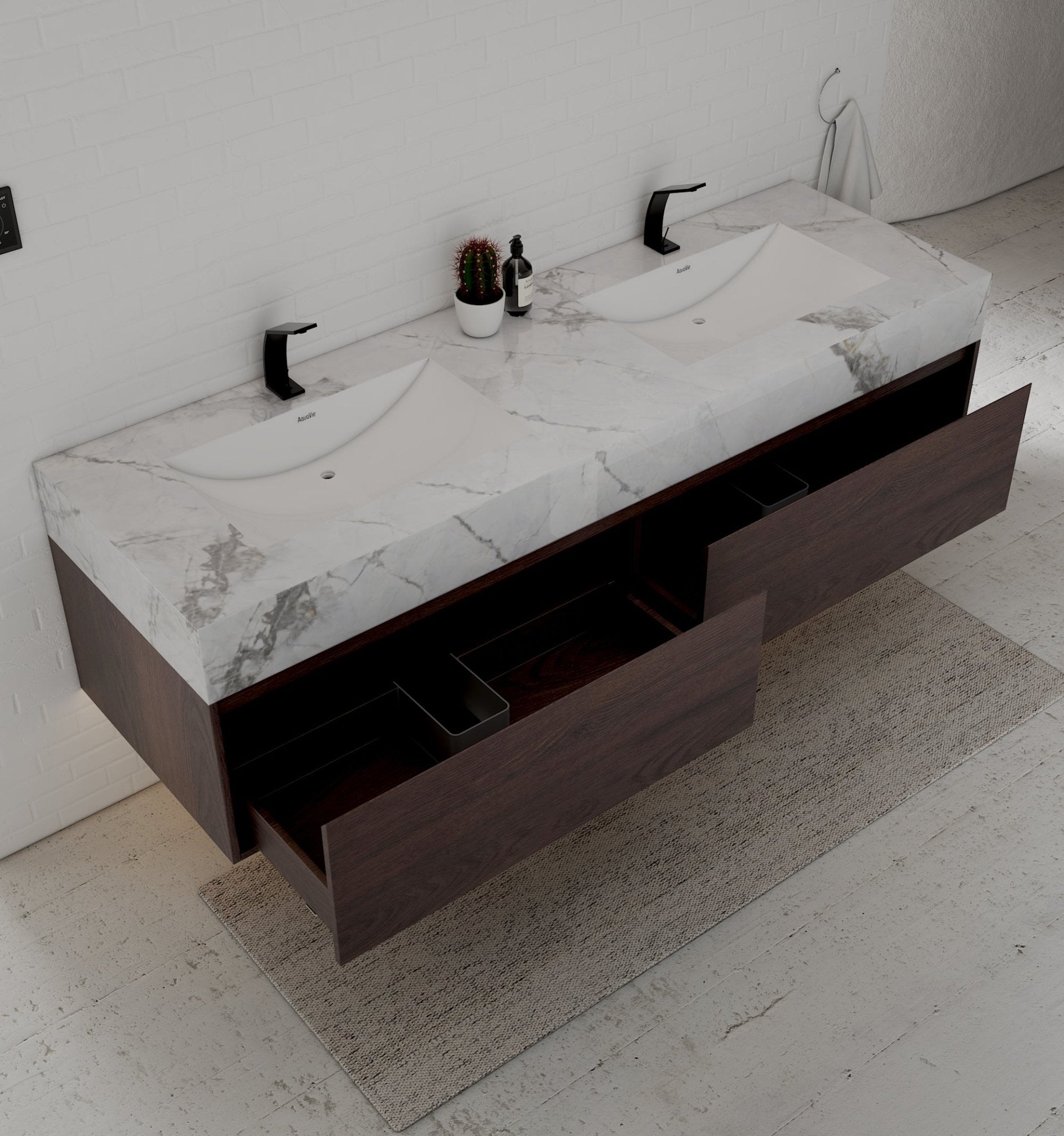 71" Walnut Double Sink Stone Top Two Drawers Floating Bathroom Vanity - VanityWalnut NeoNova Decor