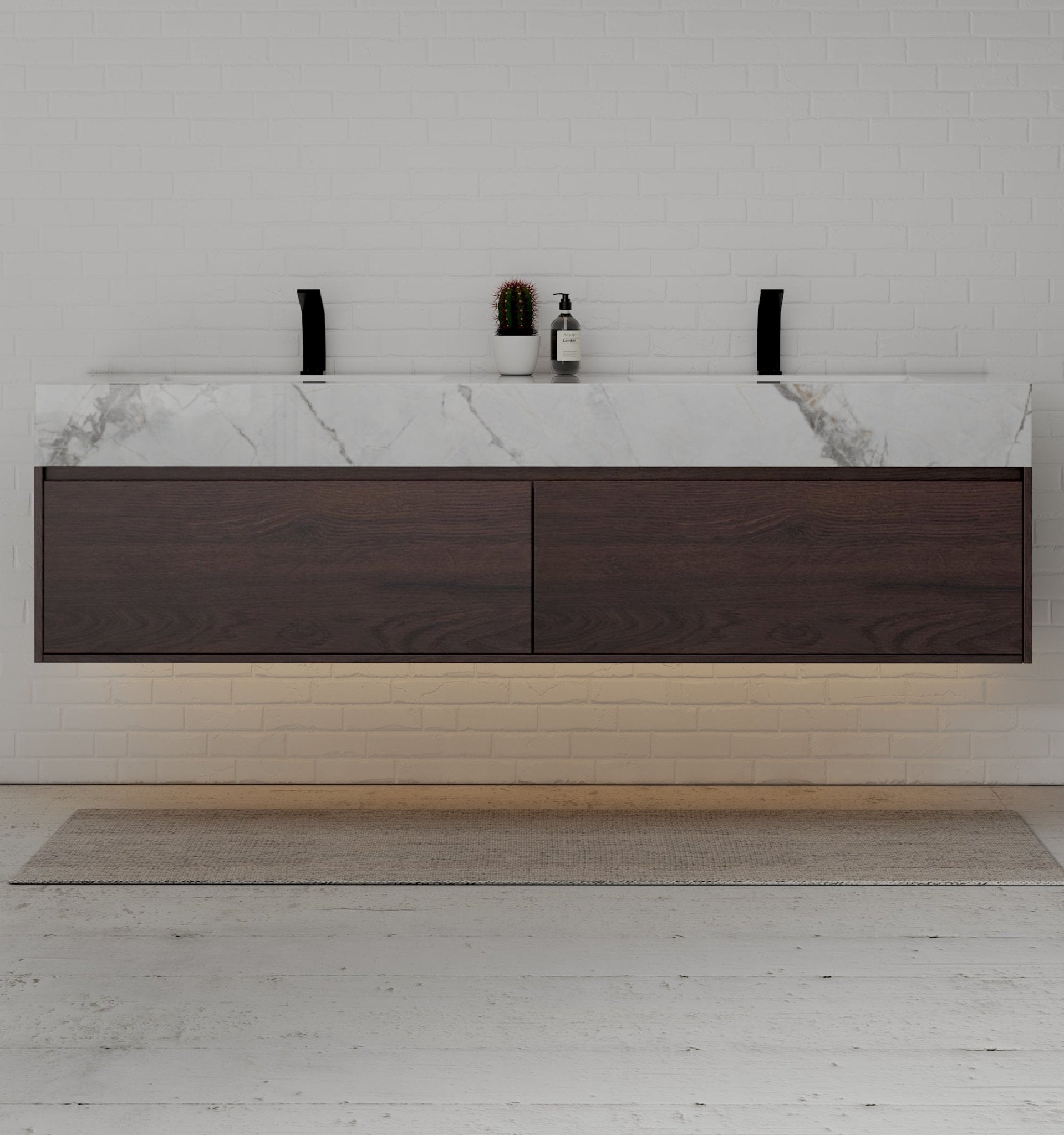 71" Walnut Double Sink Stone Top Two Drawers Floating Bathroom Vanity - VanityWalnut NeoNova Decor