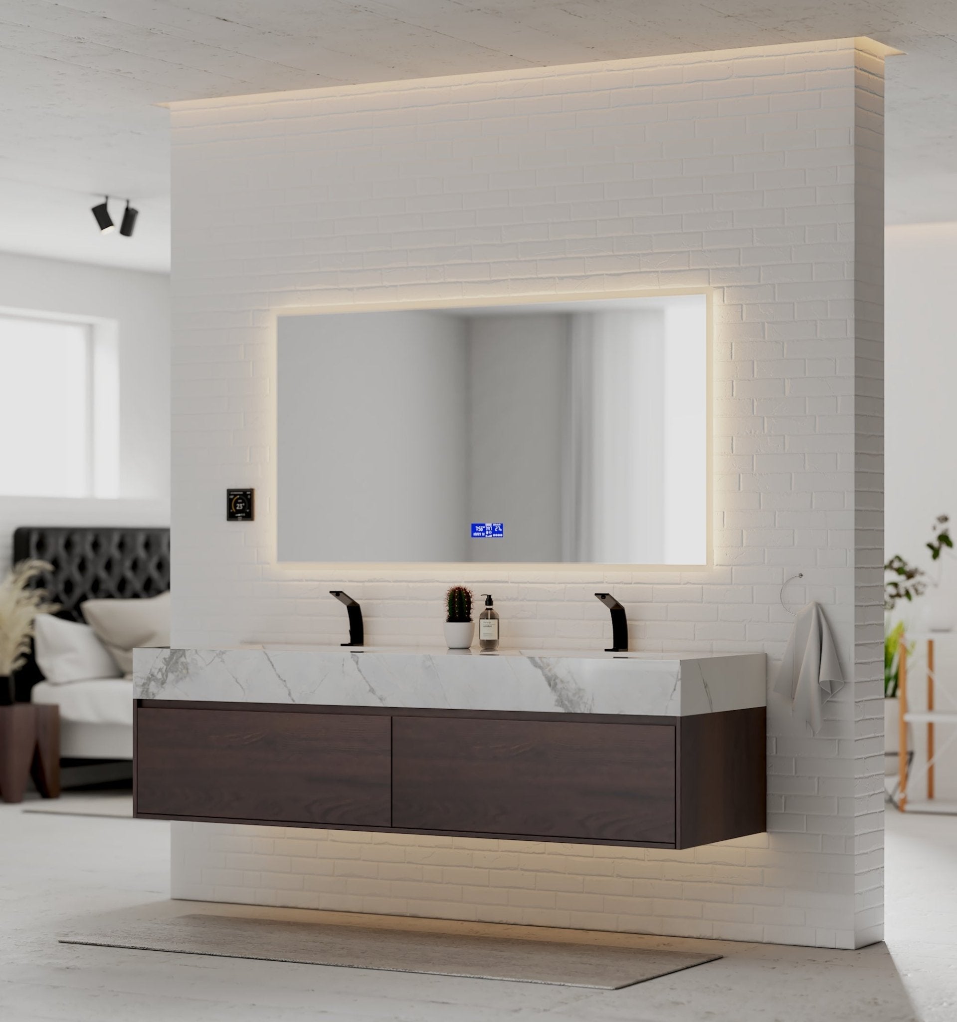 71" Walnut Double Sink Stone Top Two Drawers Floating Bathroom Vanity - VanityWalnut NeoNova Decor