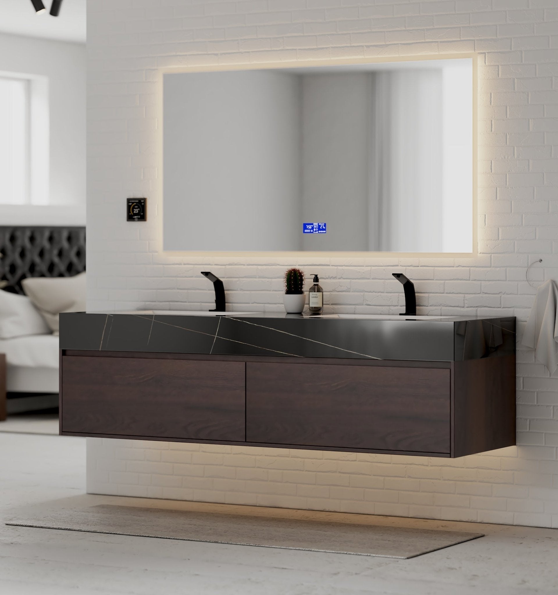 71" Walnut Double Sink Stone Top Walnut Two Drawers Floating Bathroom Vanity - VanityWalnut NeoNova Decor