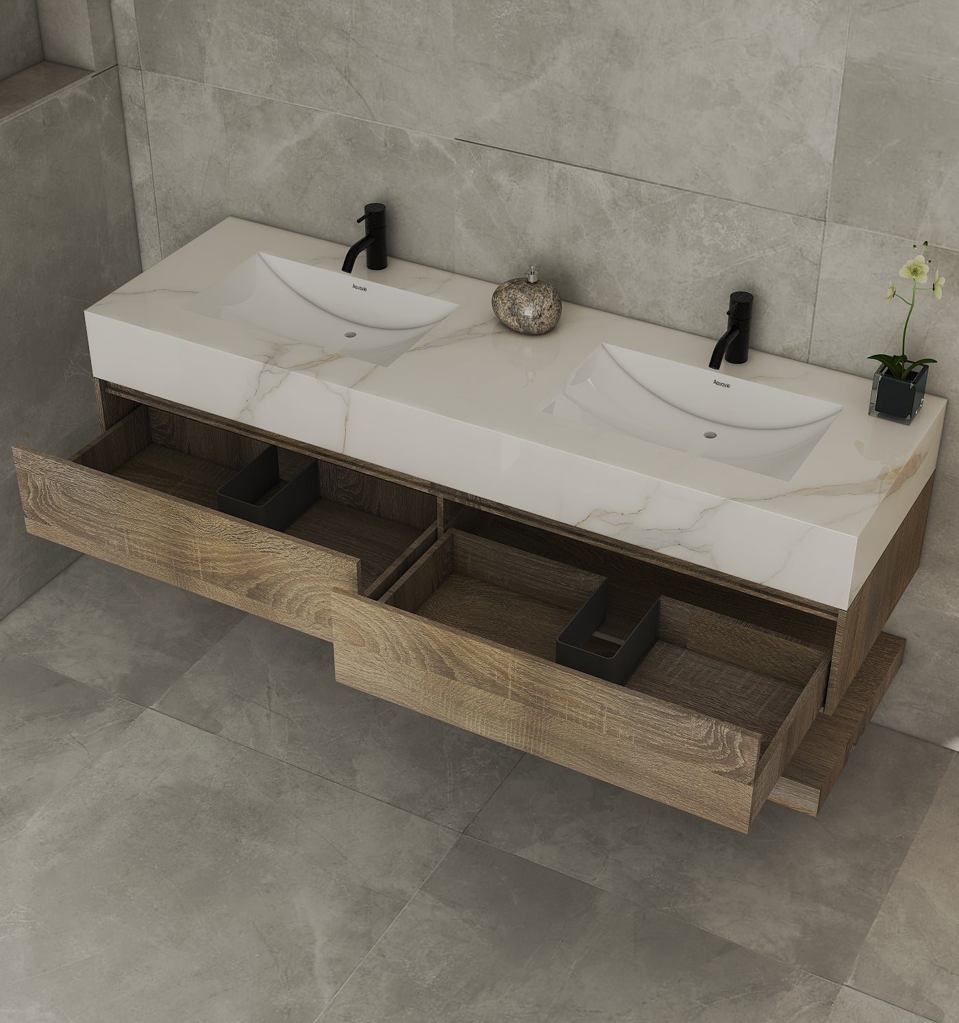 71''，60" Double Sink Stone Top with Hotel - Style Floating Bathroom Vanity - VanityLight Oak