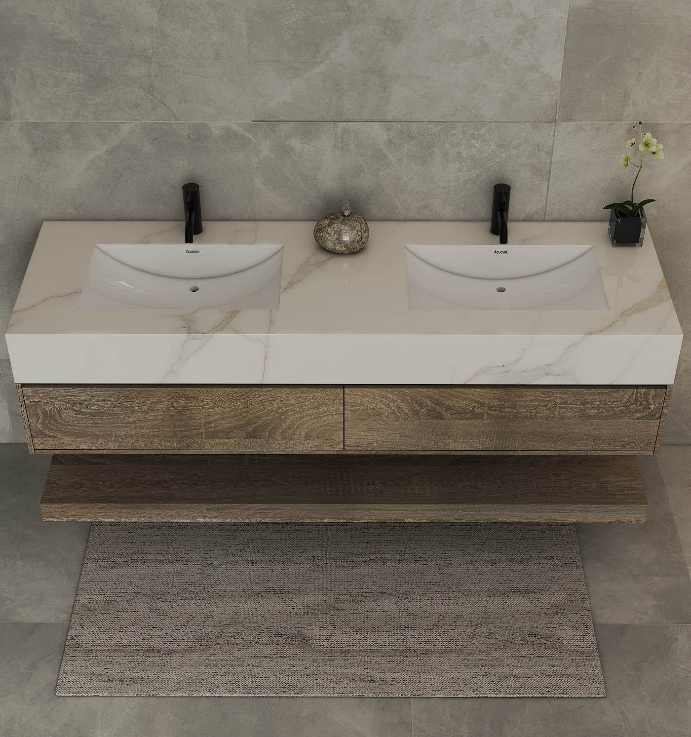 71''，60" Double Sink Stone Top with Hotel - Style Floating Bathroom Vanity - VanityLight Oak