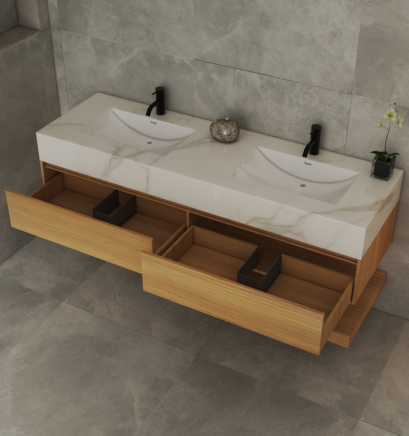 71''，60" Double Sink Stone Top with Hotel - Style Floating Bathroom Vanity - VanityNature Oak