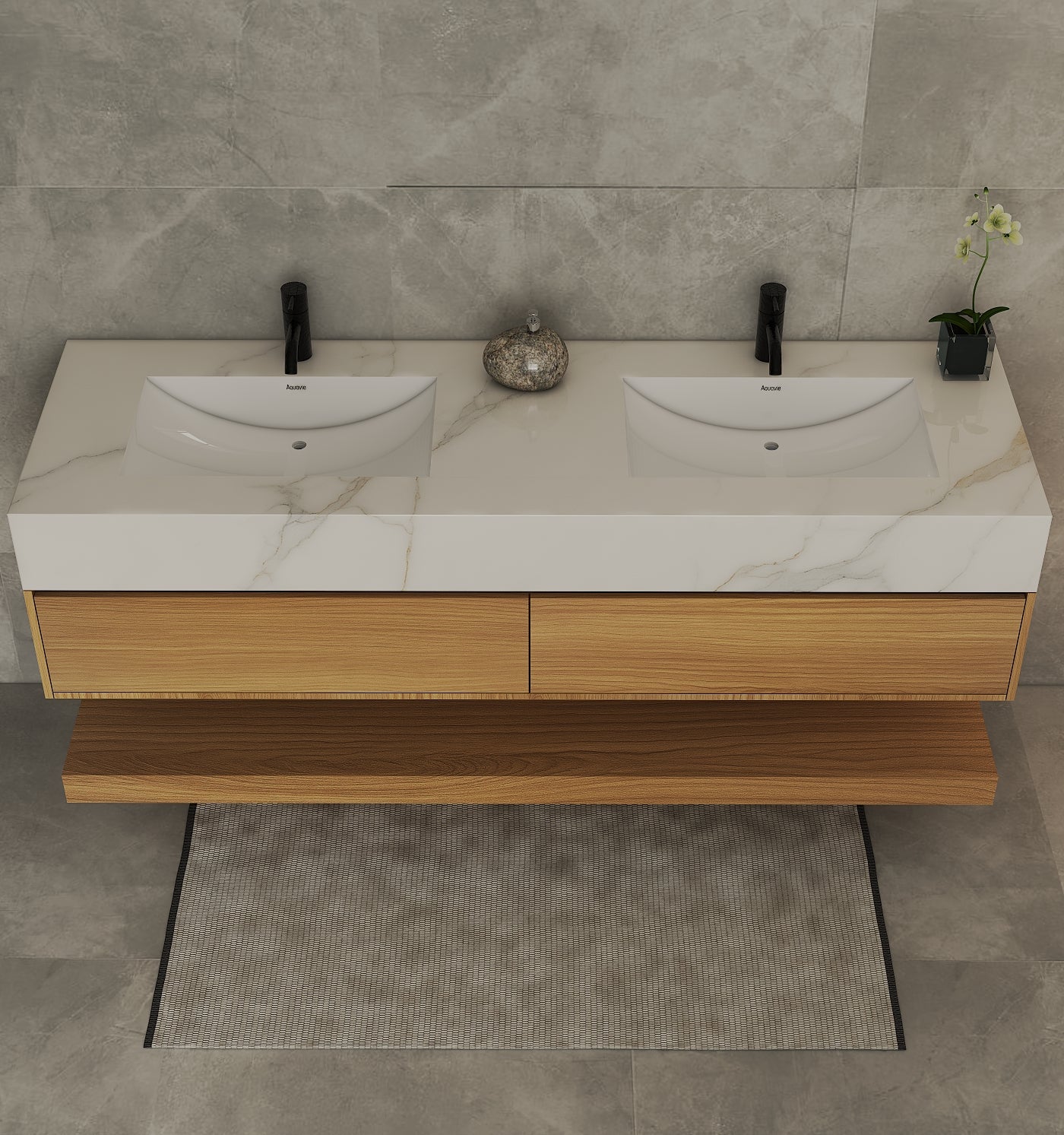 71''，60" Double Sink Stone Top with Hotel - Style Floating Bathroom Vanity - VanityNature Oak
