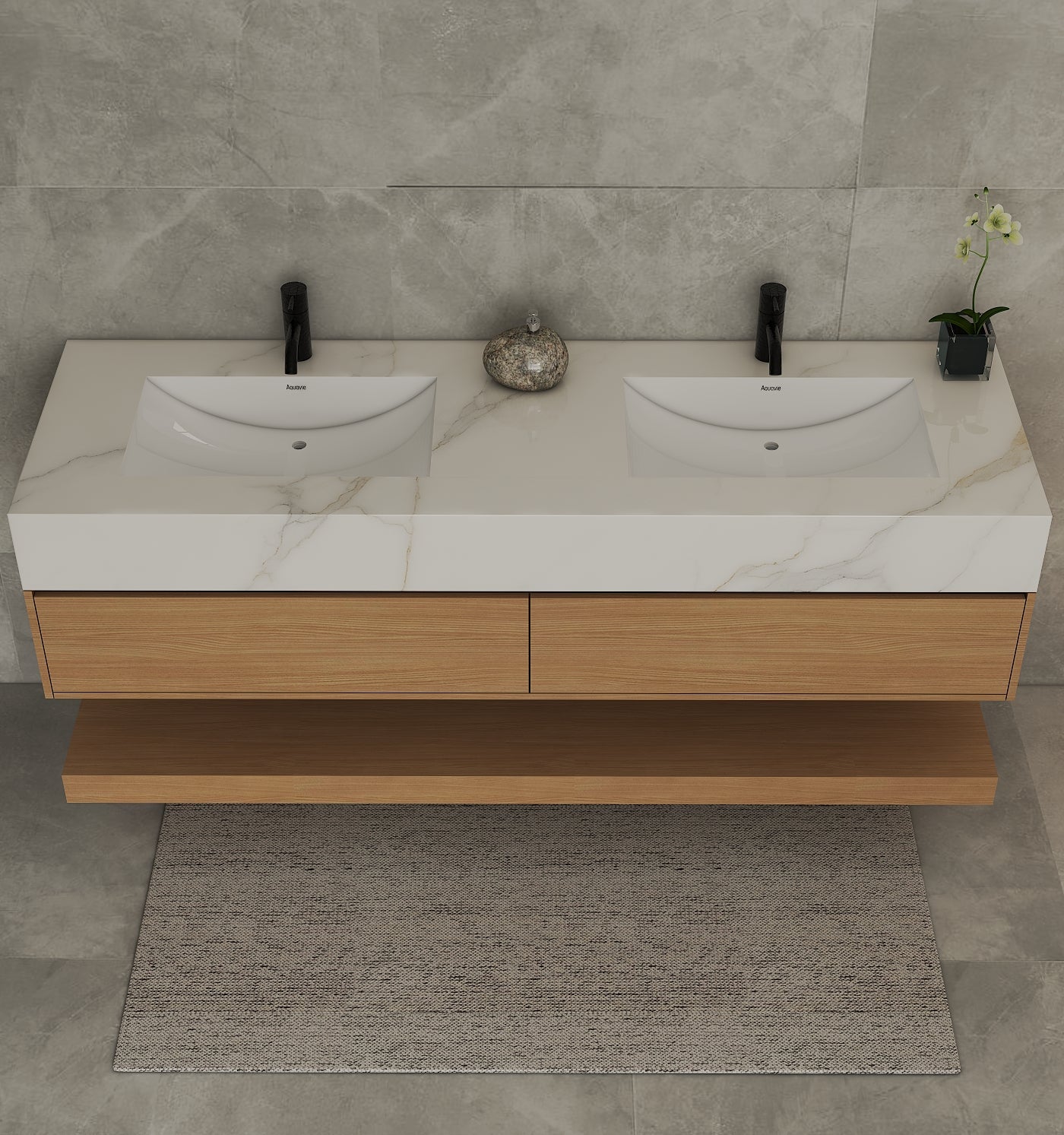 71''，60" Double Sink Stone Top with Hotel - Style Floating Bathroom Vanity - VanitySmoked Oak