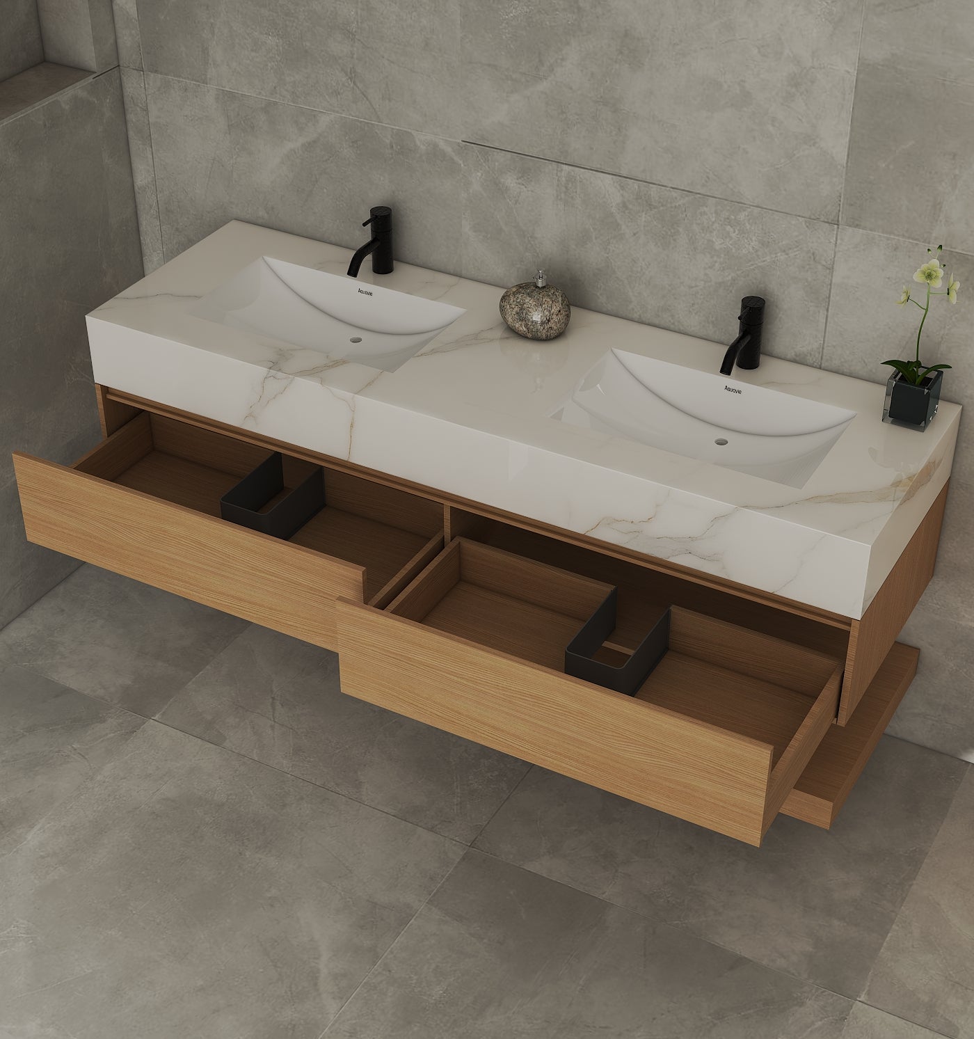 71''，60" Double Sink Stone Top with Hotel - Style Floating Bathroom Vanity - VanitySmoked Oak