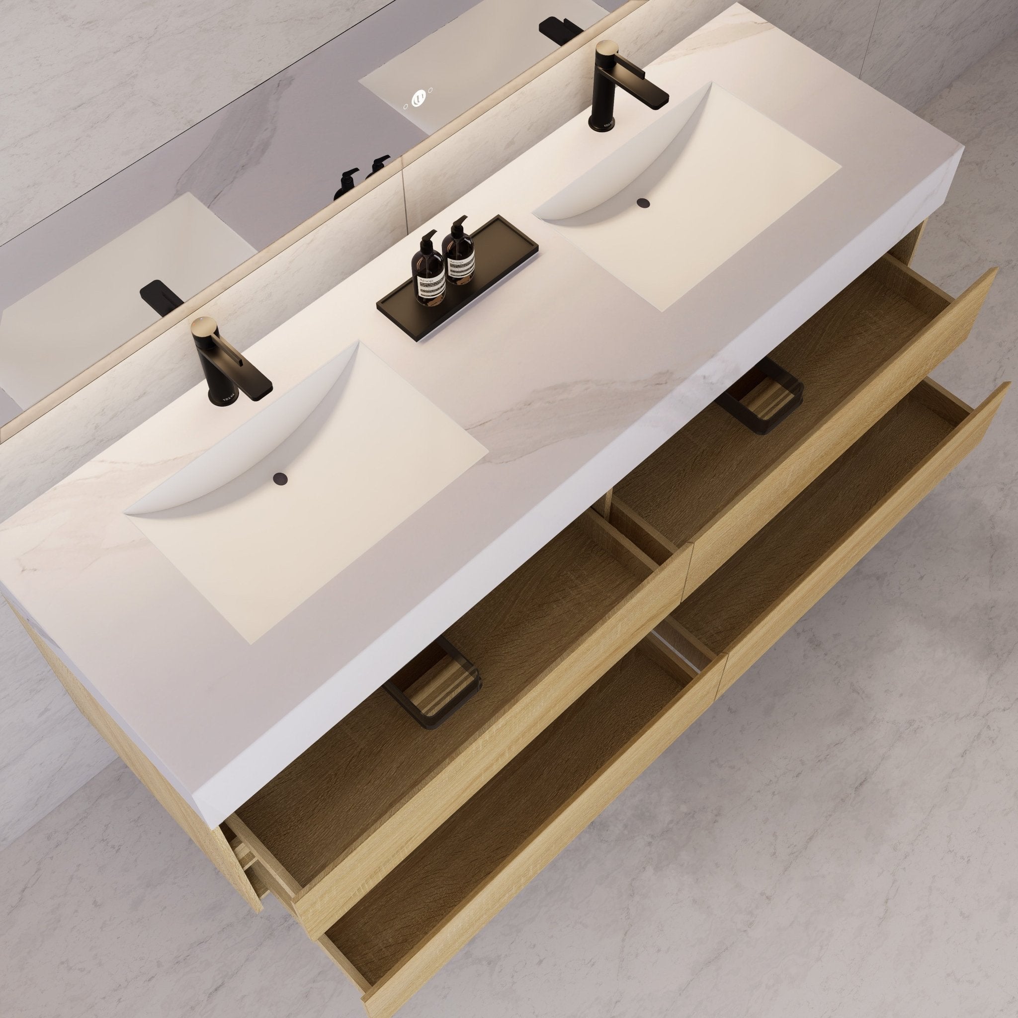 71"，60" Light Oak Double Sink Sintered Stone Top with Elegant Floating Bathroom Vanity -VanityLight Oak