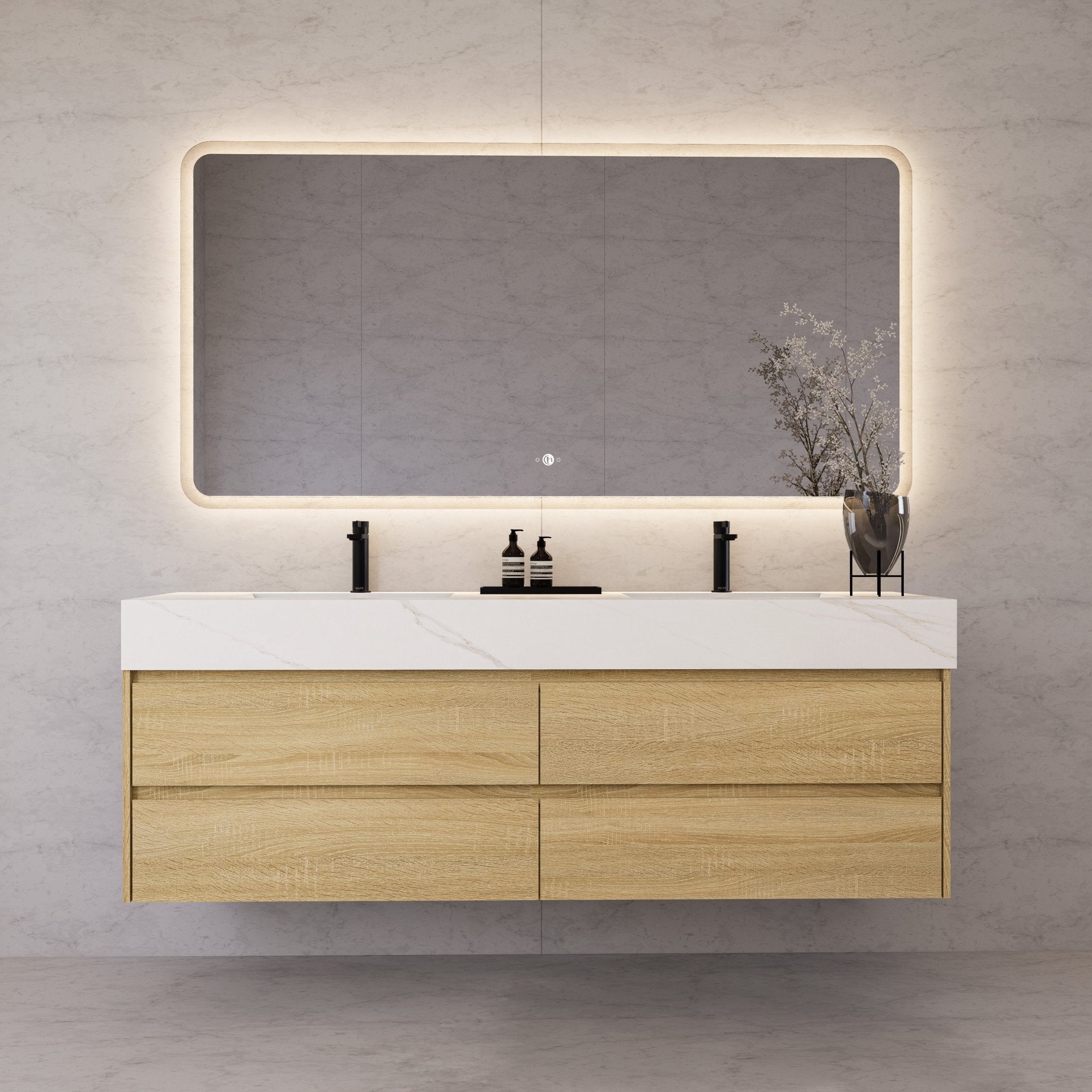 71"，60" Light Oak Double Sink Sintered Stone Top with Elegant Floating Bathroom Vanity -VanityLight Oak