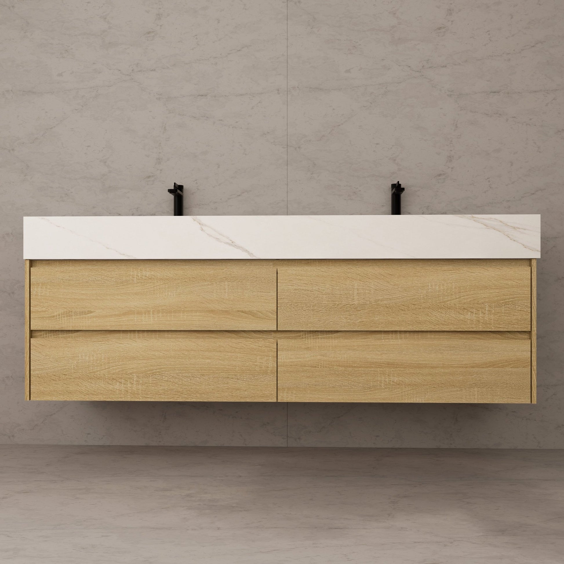 71"，60" Light Oak Double Sink Sintered Stone Top with Elegant Floating Bathroom Vanity -VanityLight Oak