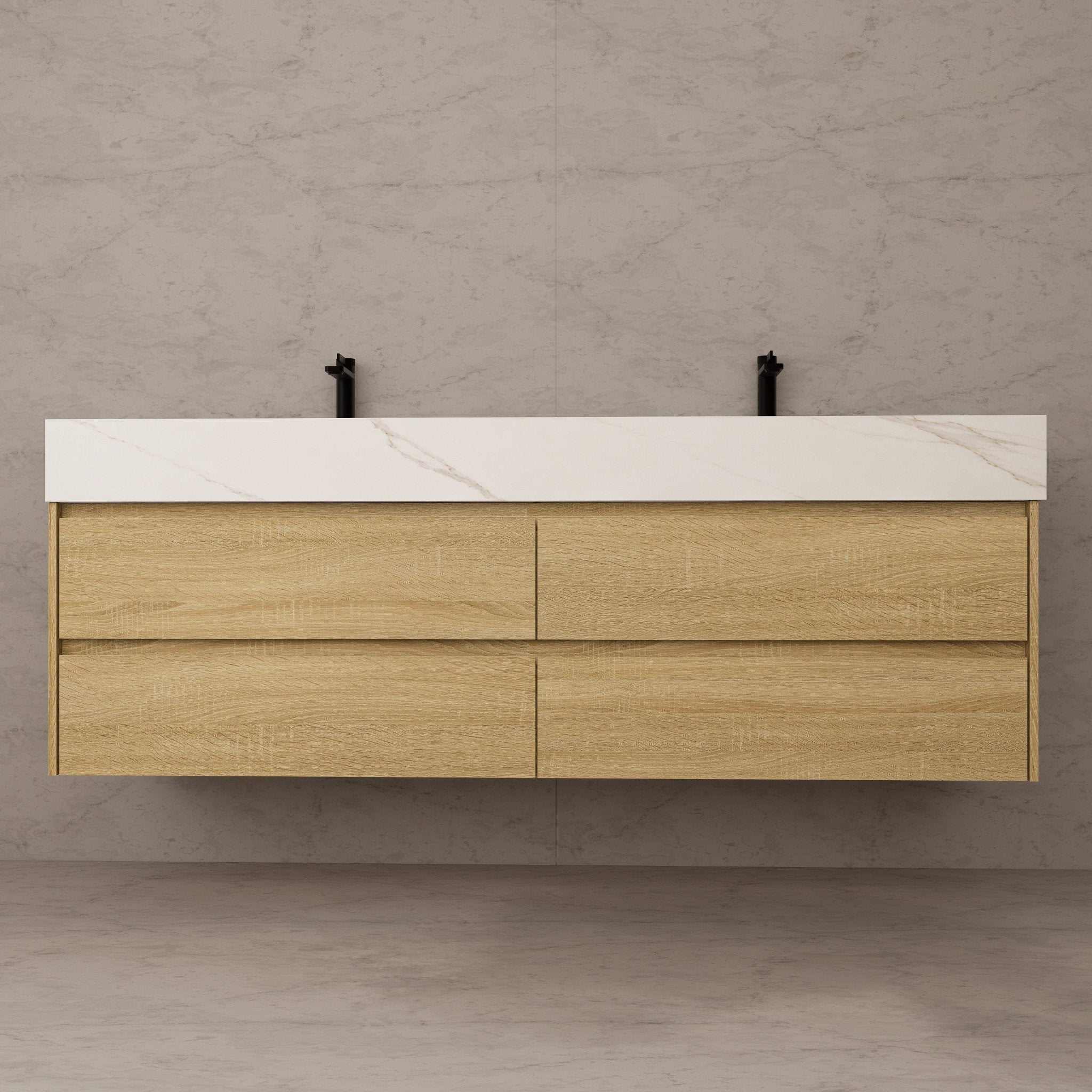 71"，60" Light Oak Double Sink Sintered Stone Top with Elegant Floating Bathroom Vanity -VanityLight Oak