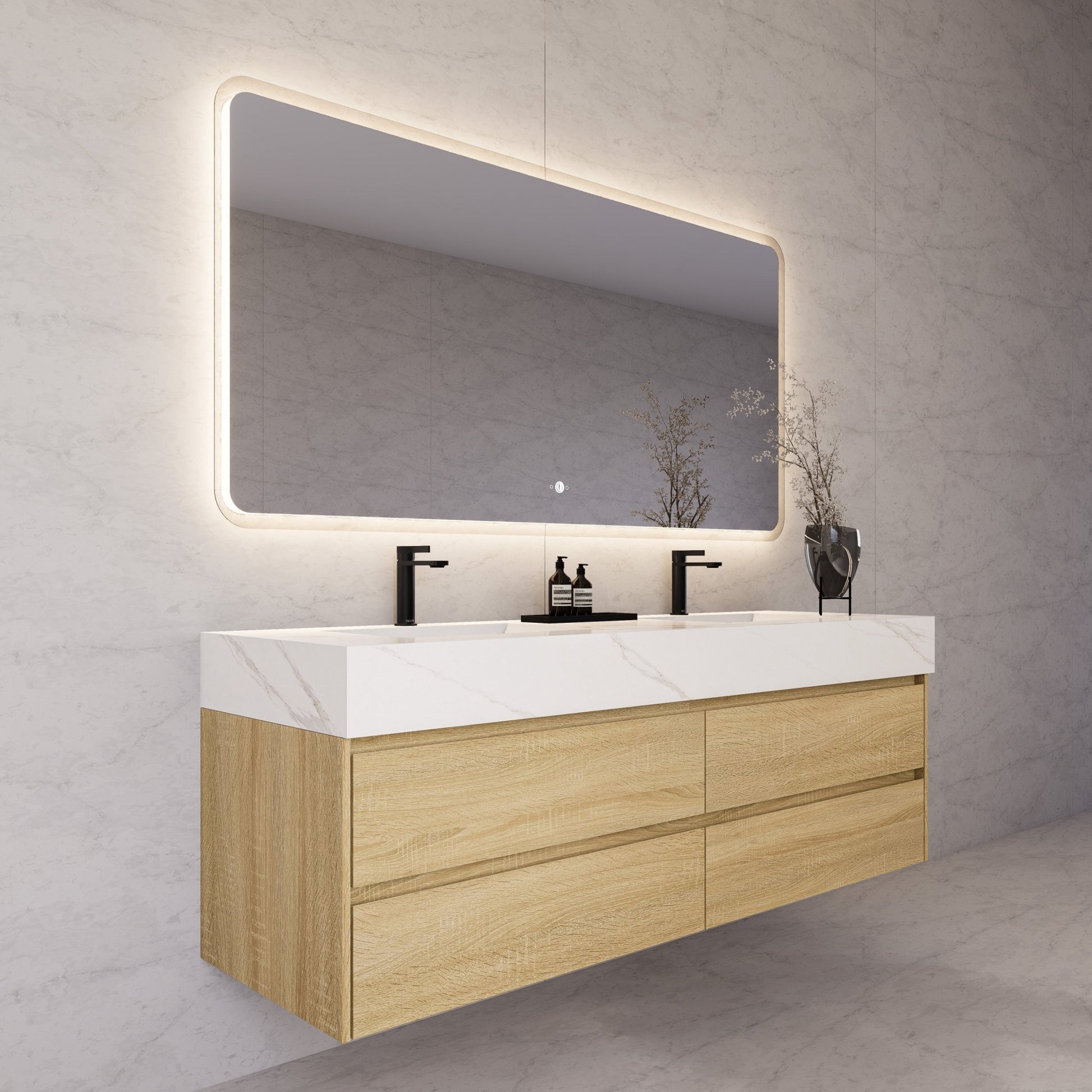 71"，60" Light Oak Double Sink Sintered Stone Top with Elegant Floating Bathroom Vanity -VanityLight Oak