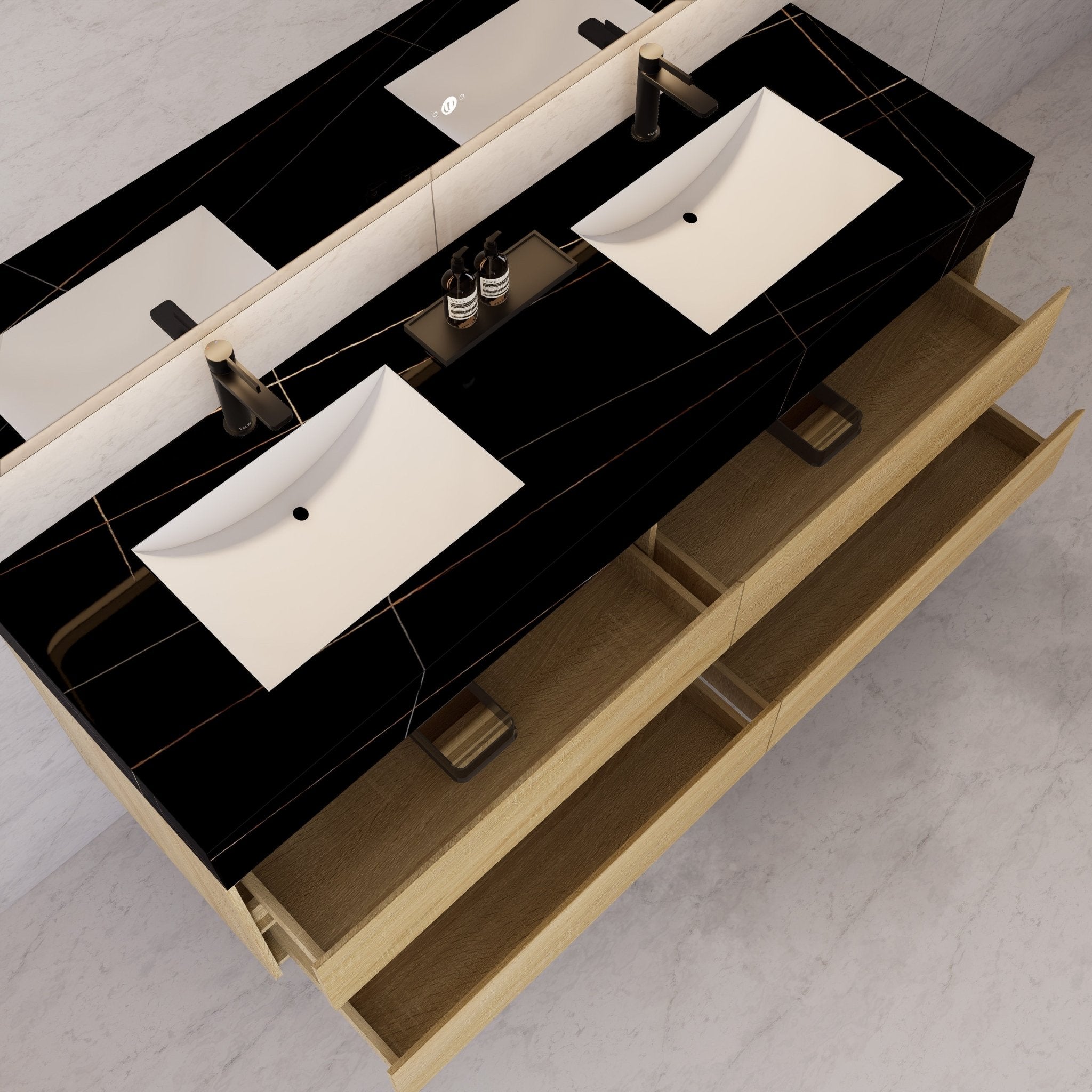 71"，60" Light Oak Double Sink Sintered Stone Top with Elegant Floating Bathroom Vanity -VanityLight Oak