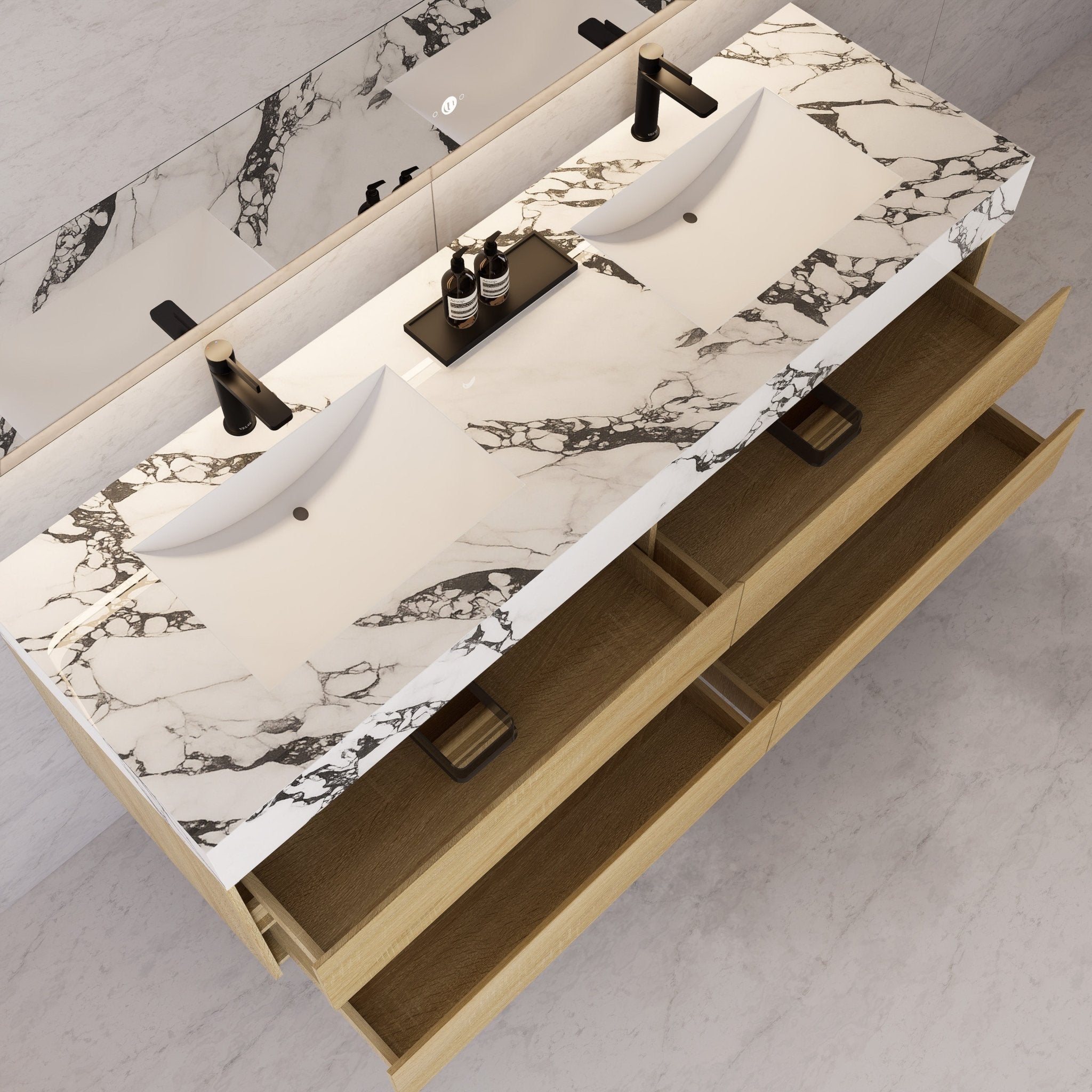 71"，60" Light Oak Double Sink Sintered Stone Top with Elegant Floating Bathroom Vanity -VanityLight Oak