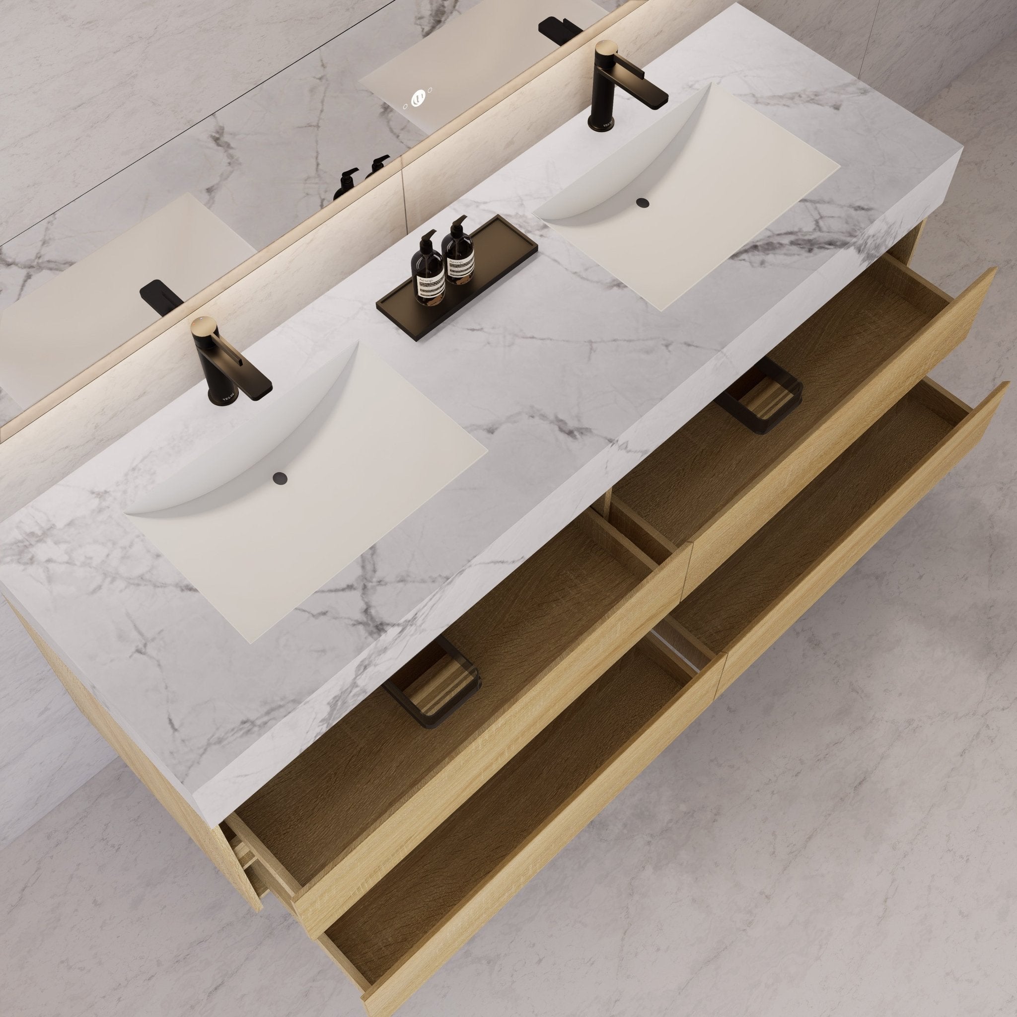 71"，60" Light Oak Double Sink Sintered Stone Top with Elegant Floating Bathroom Vanity -VanityLight Oak