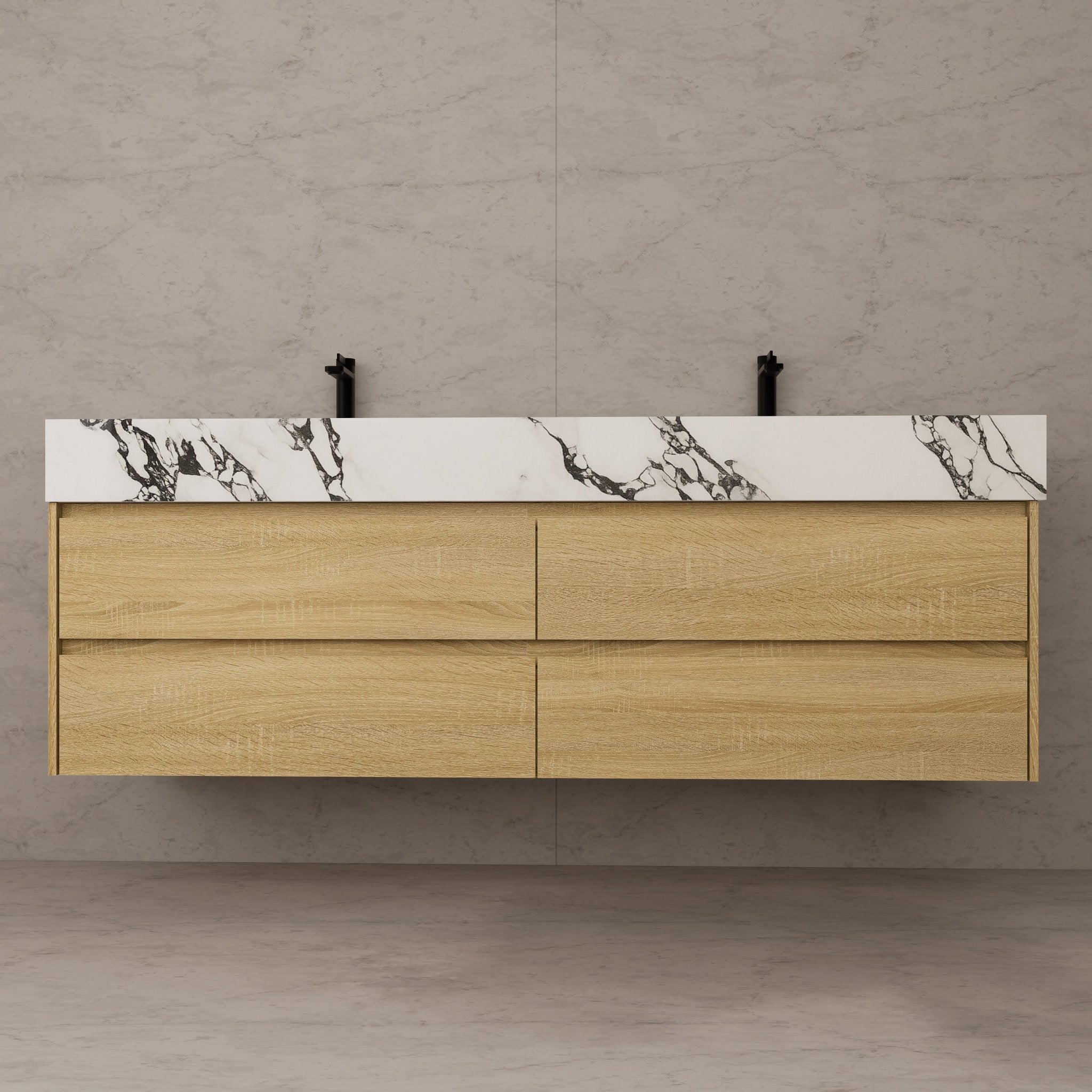 71"，60" Light Oak Double Sink Sintered Stone Top with Elegant Floating Bathroom Vanity -VanityLight Oak
