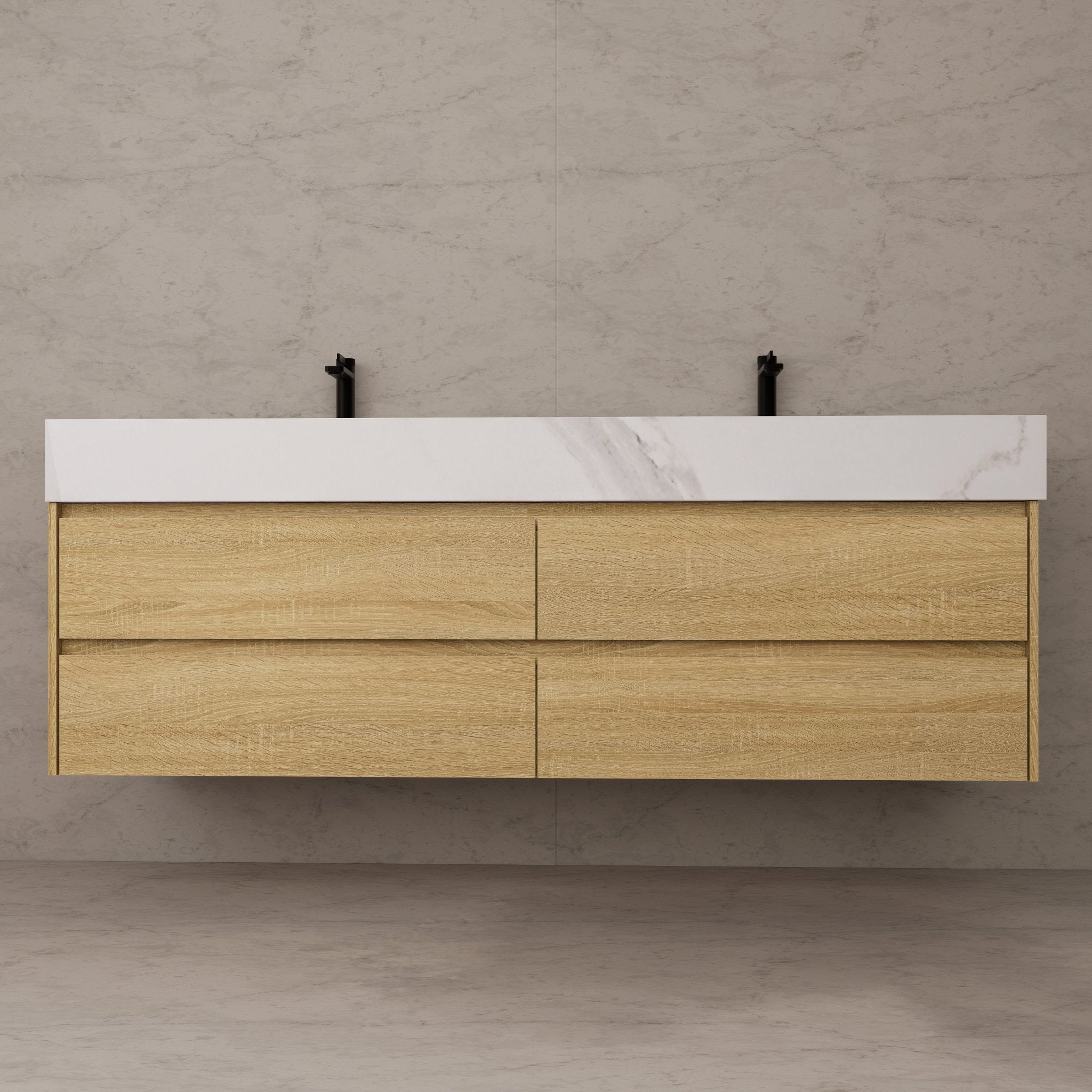 71"，60" Light Oak Double Sink Sintered Stone Top with Elegant Floating Bathroom Vanity -VanityLight Oak
