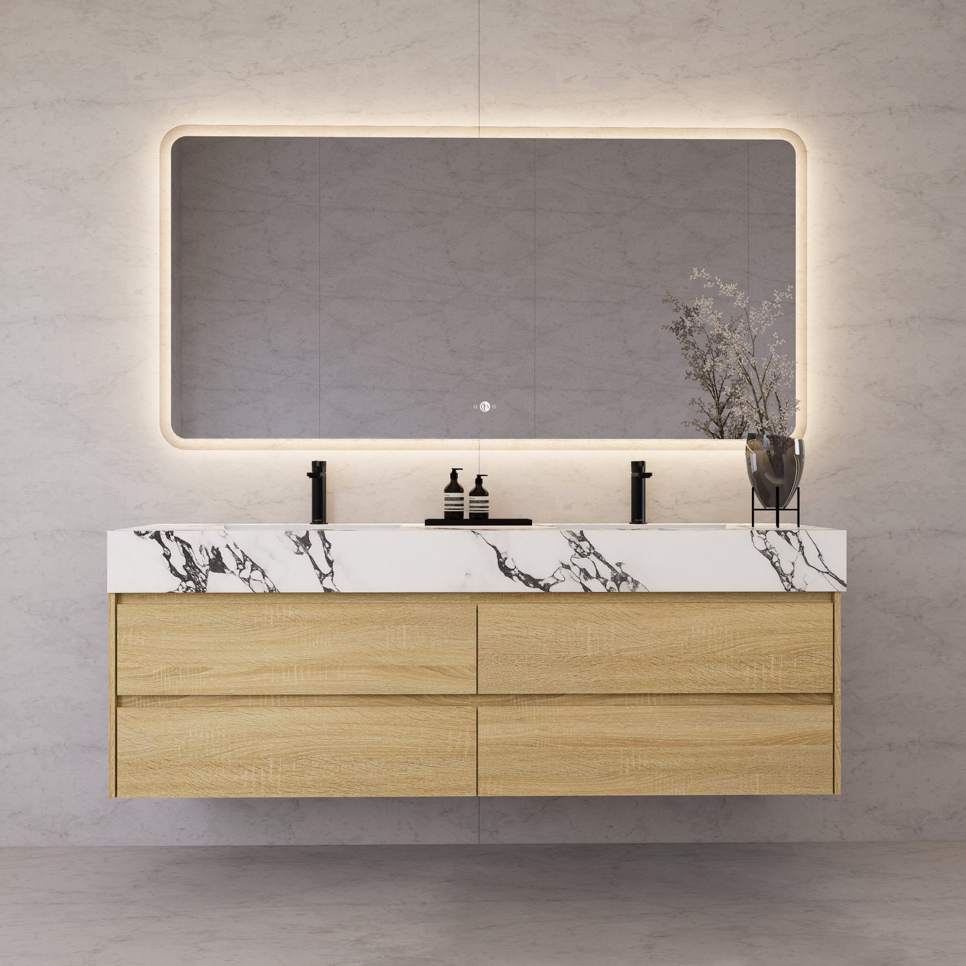 71"，60" Light Oak Double Sink Sintered Stone Top with Elegant Floating Bathroom Vanity -VanityLight Oak