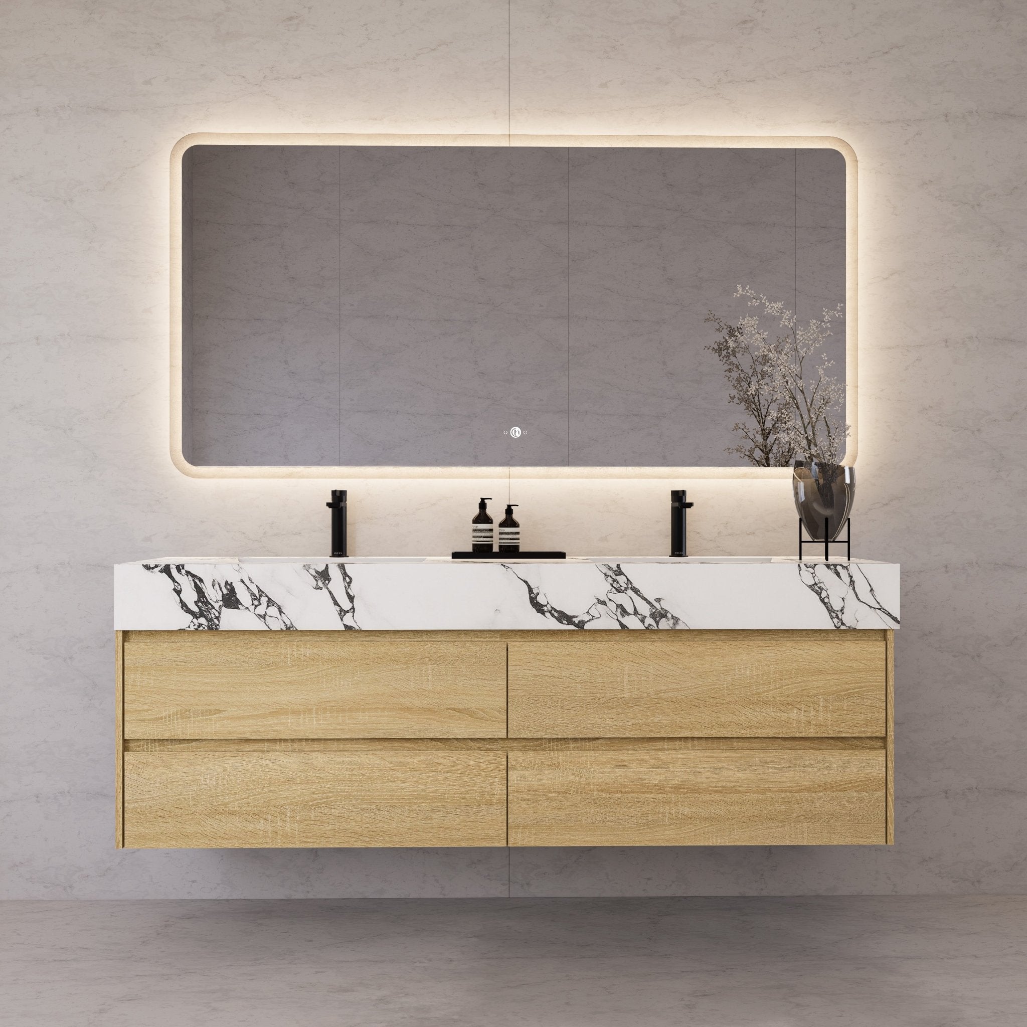 71"，60" Light Oak Double Sink Sintered Stone Top with Elegant Floating Bathroom Vanity -VanityLight Oak
