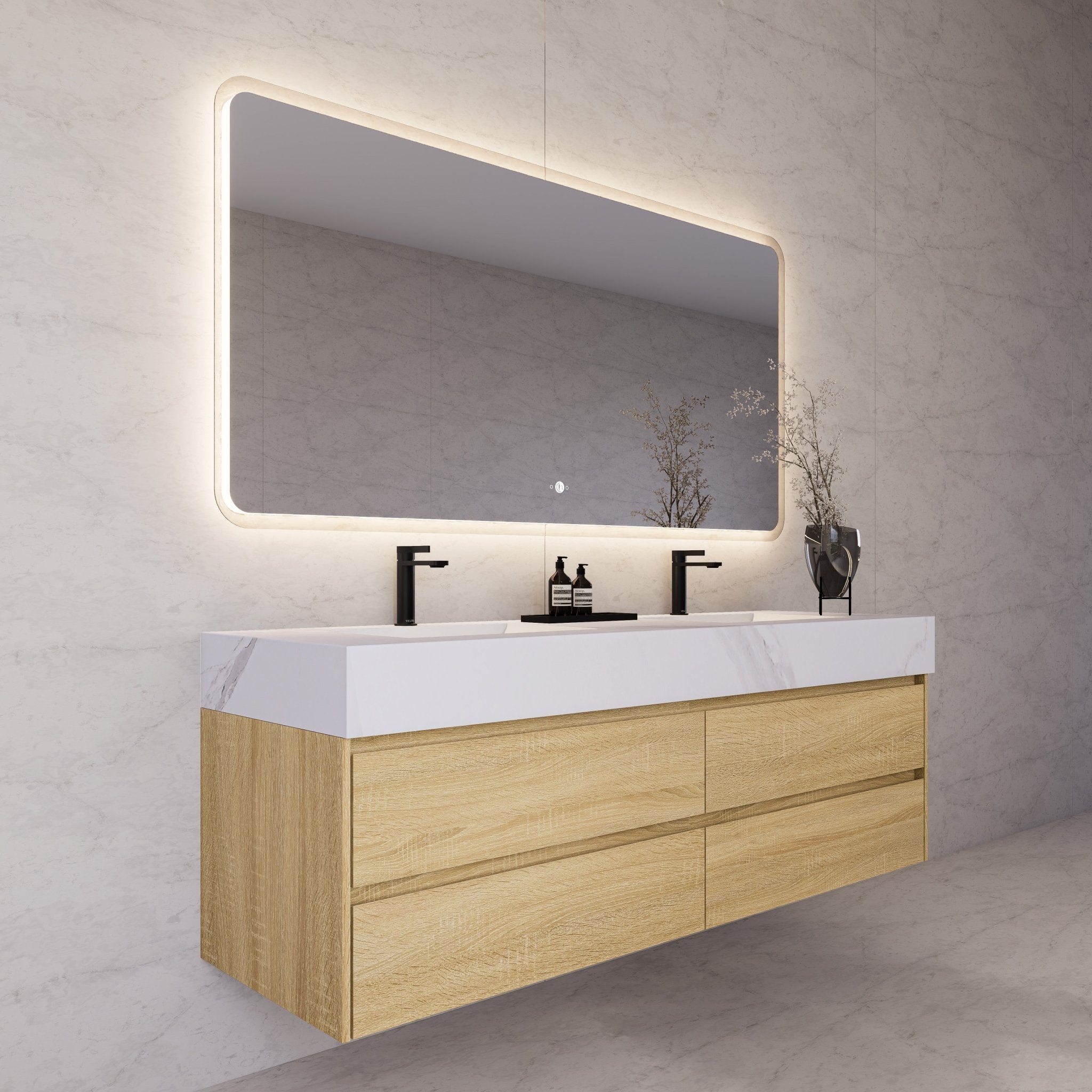 71"，60" Light Oak Double Sink Sintered Stone Top with Elegant Floating Bathroom Vanity -VanityLight Oak