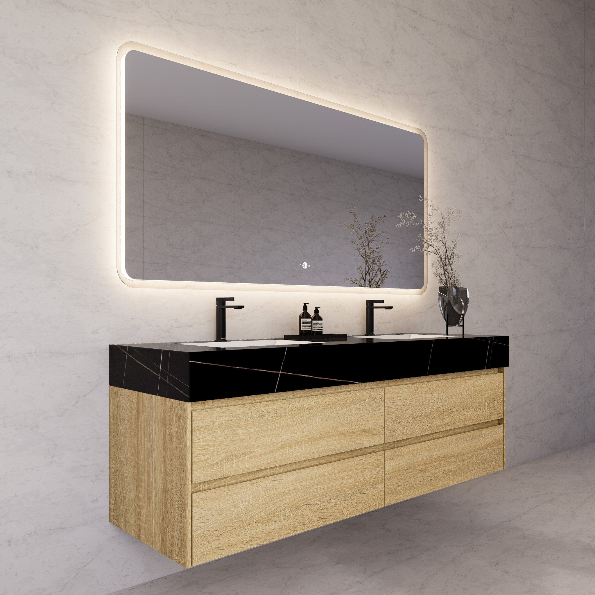 71"，60" Light Oak Double Sink Sintered Stone Top with Elegant Floating Bathroom Vanity -VanityLight Oak