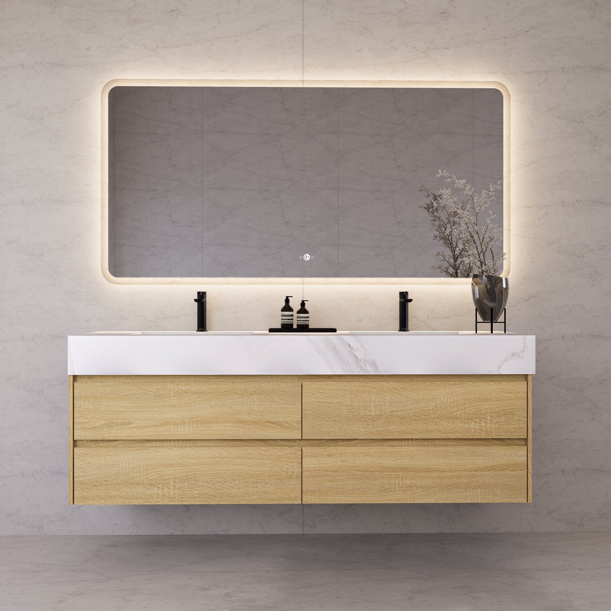71"，60" Light Oak Double Sink Sintered Stone Top with Elegant Floating Bathroom Vanity -VanityLight Oak