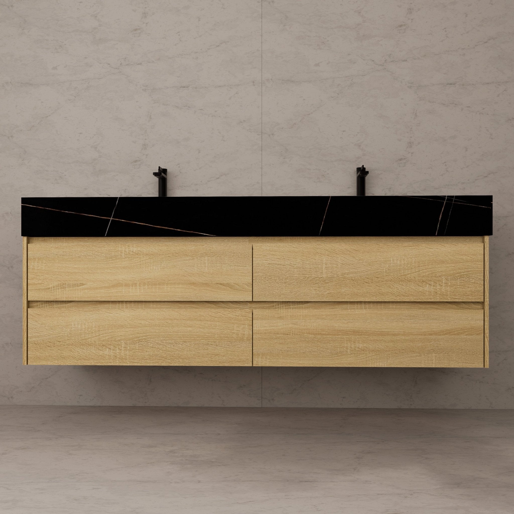 71"，60" Light Oak Double Sink Sintered Stone Top with Elegant Floating Bathroom Vanity -VanityLight Oak