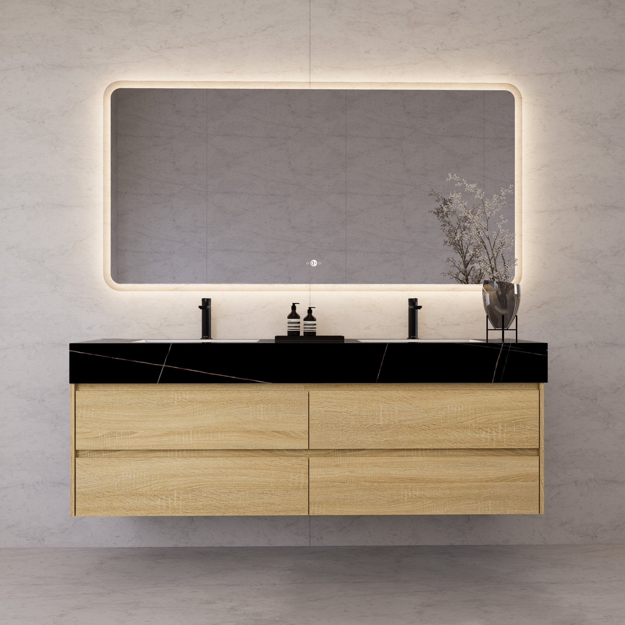 71"，60" Light Oak Double Sink Sintered Stone Top with Elegant Floating Bathroom Vanity -VanityLight Oak