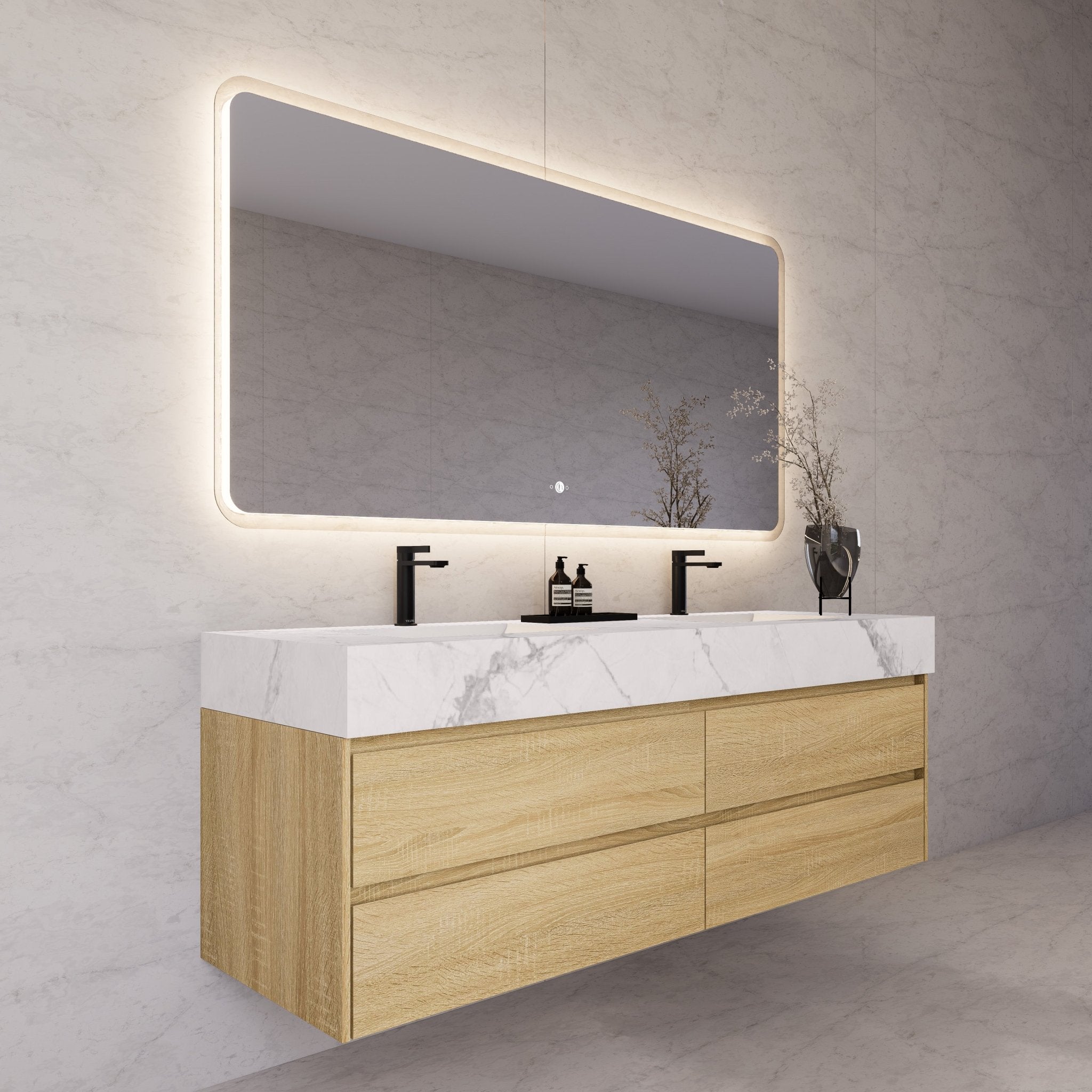 71"，60" Light Oak Double Sink Sintered Stone Top with Elegant Floating Bathroom Vanity -VanityLight Oak