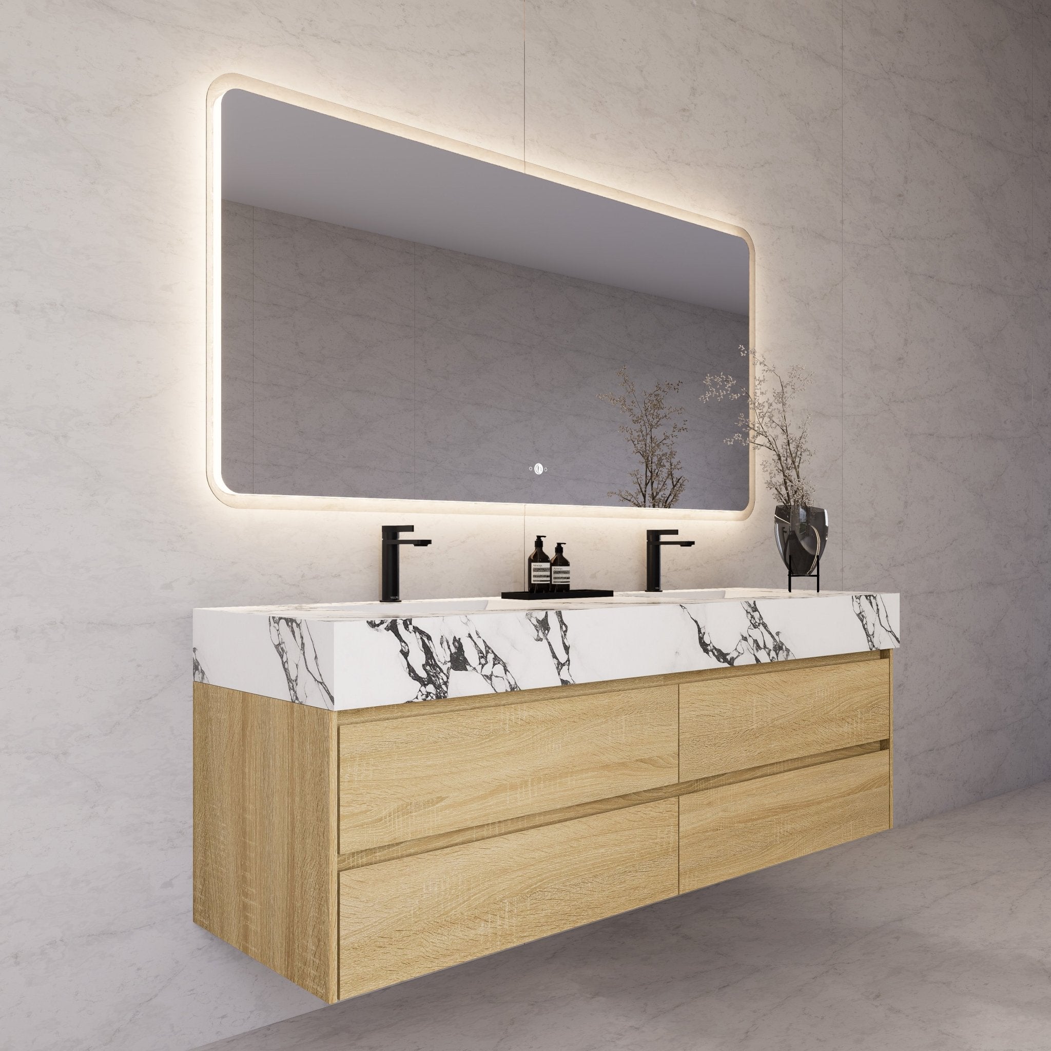 71"，60" Light Oak Double Sink Sintered Stone Top with Elegant Floating Bathroom Vanity -VanityLight Oak