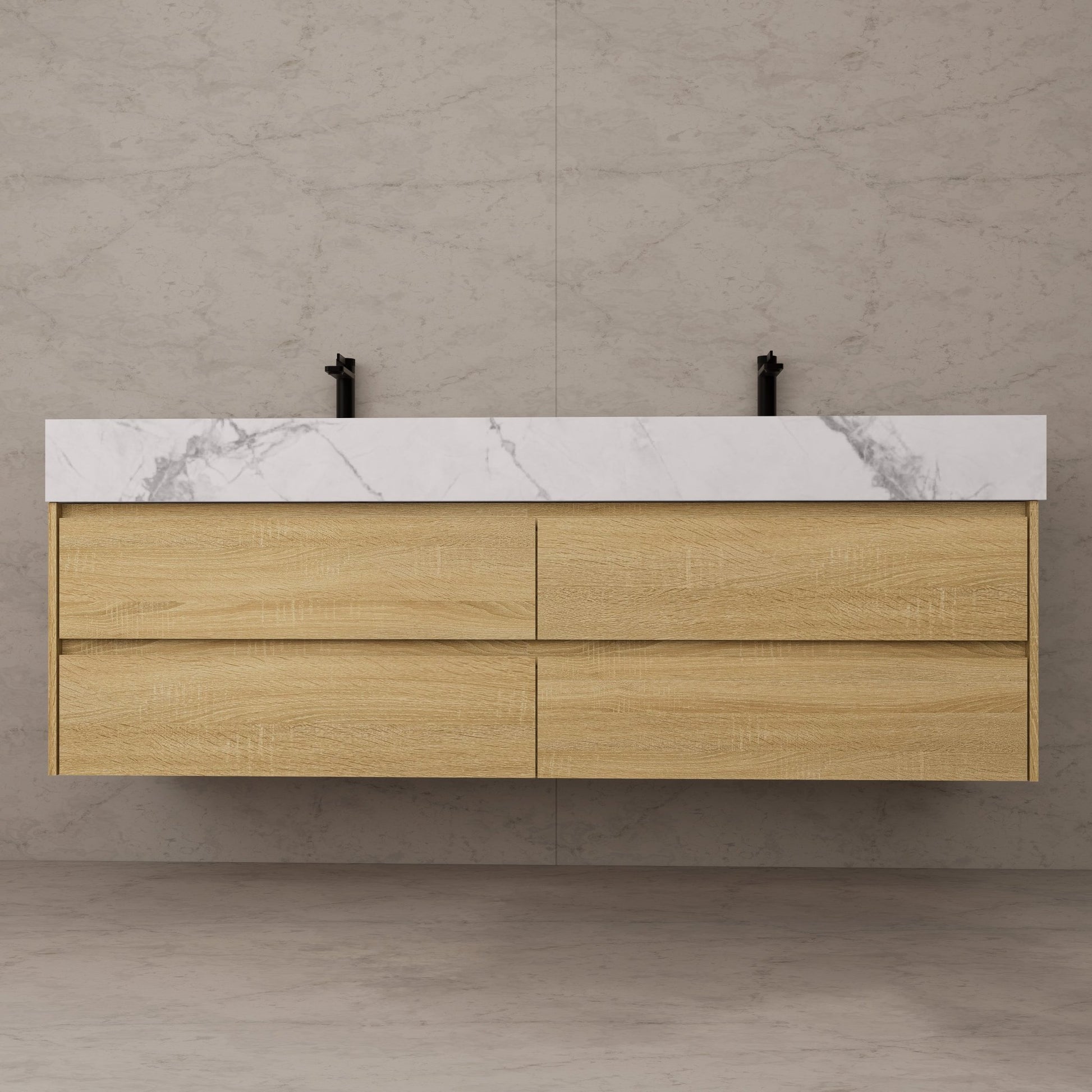 71"，60" Light Oak Double Sink Sintered Stone Top with Elegant Floating Bathroom Vanity -VanityLight Oak