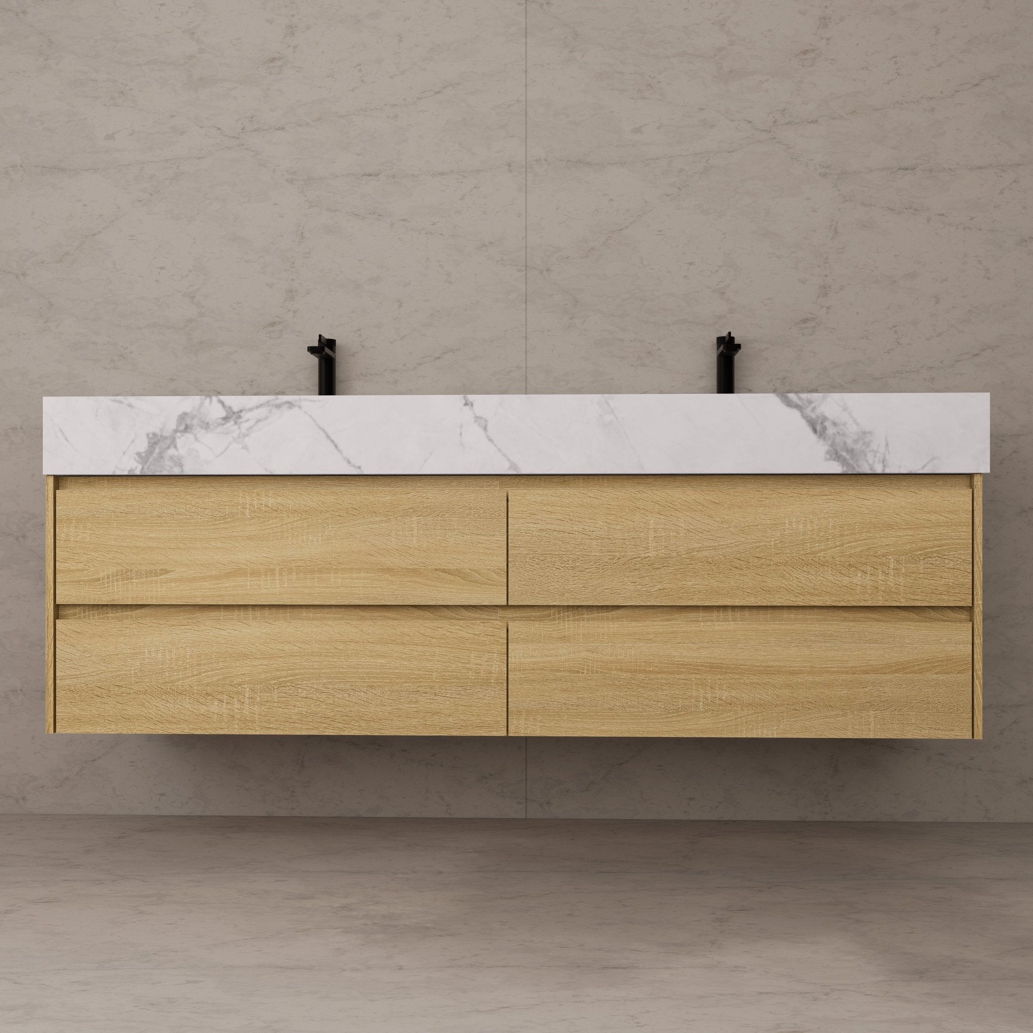 71"，60" Light Oak Double Sink Sintered Stone Top with Elegant Floating Bathroom Vanity -VanityLight Oak