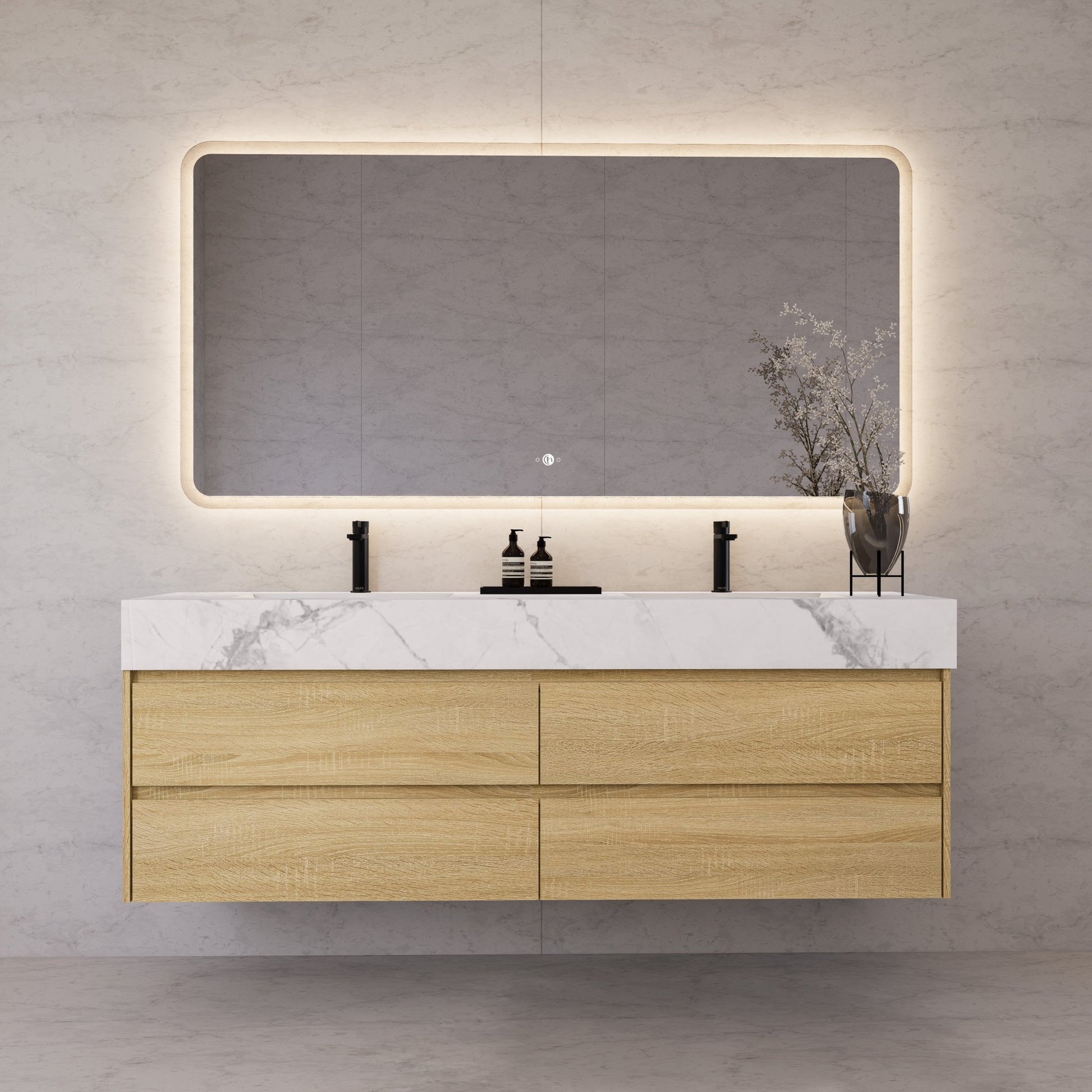 71"，60" Light Oak Double Sink Sintered Stone Top with Elegant Floating Bathroom Vanity -VanityLight Oak