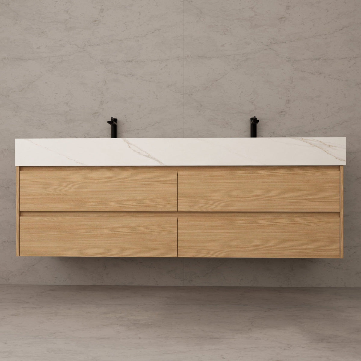 71"，60" Nature Oak Double Sink Sintered Stone Top with Floating Bathroom Vanity -VanityNature Oak