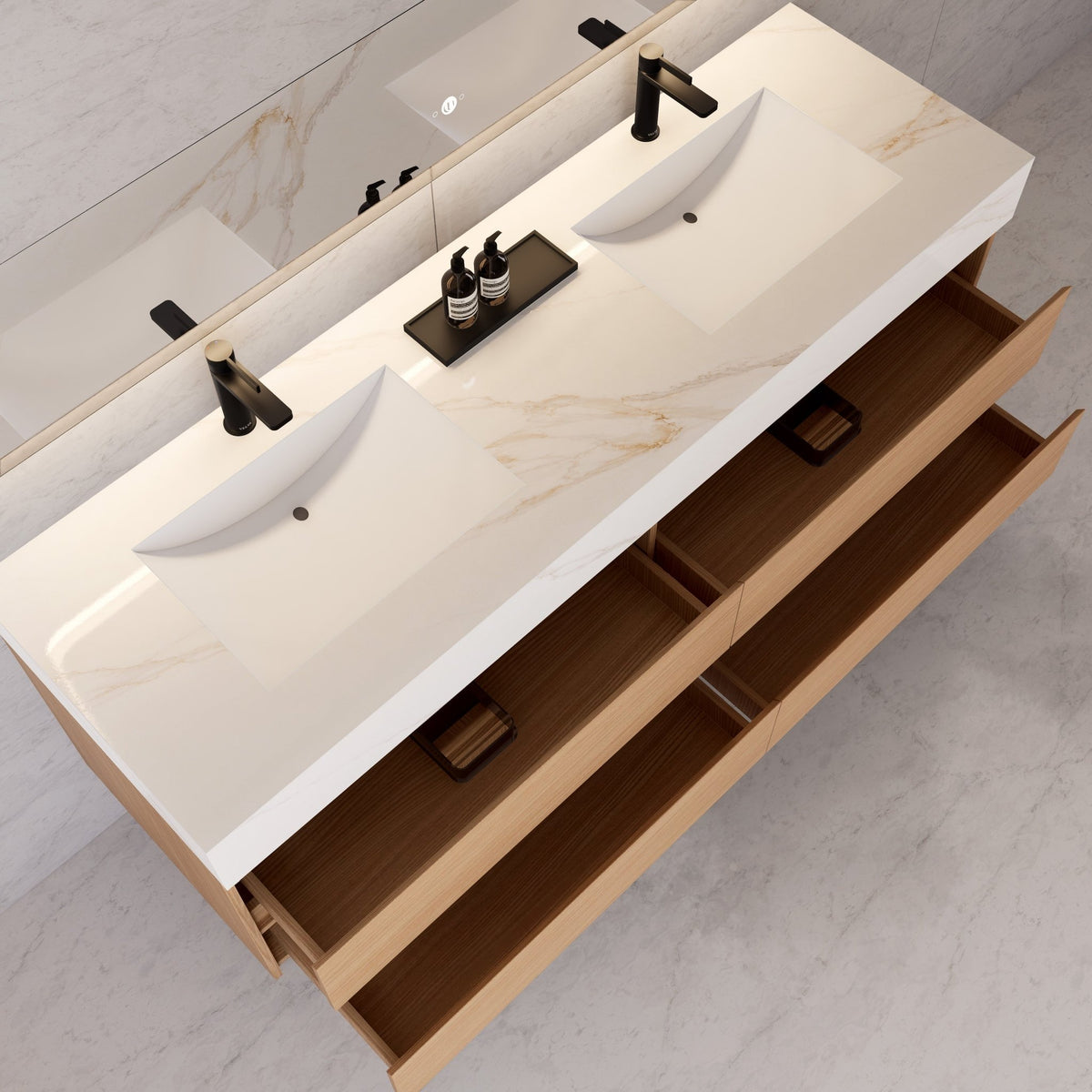 71"，60" Nature Oak Double Sink Sintered Stone Top with Floating Bathroom Vanity -VanityNature Oak