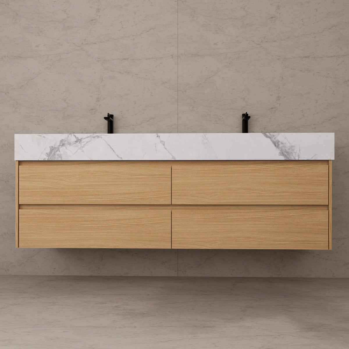 71"，60" Nature Oak Double Sink Sintered Stone Top with Floating Bathroom Vanity -VanityNature Oak