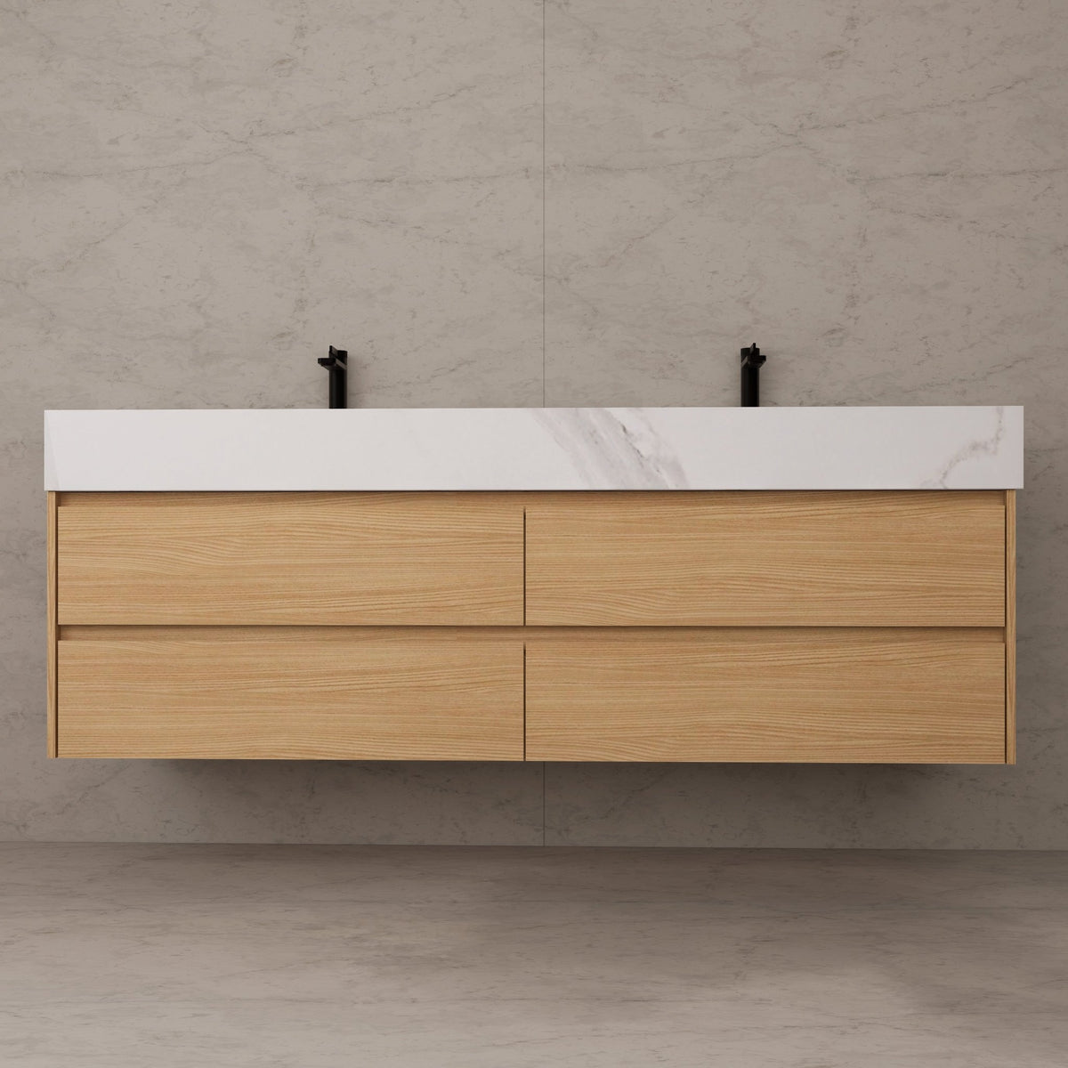 71"，60" Nature Oak Double Sink Sintered Stone Top with Floating Bathroom Vanity -VanityNature Oak