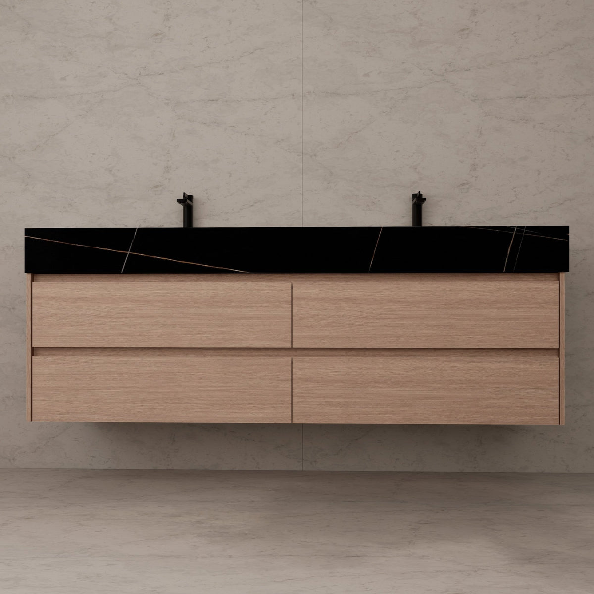 71"，60" Smoked Oak Double Sink Sintered Stone Top with Floating Bathroom Vanity -VanitySmoked Oak