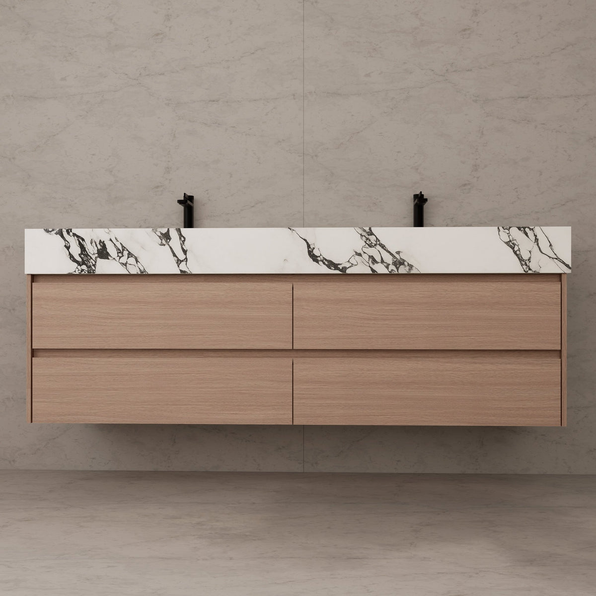 71"，60" Smoked Oak Double Sink Sintered Stone Top with Floating Bathroom Vanity -VanitySmoked Oak