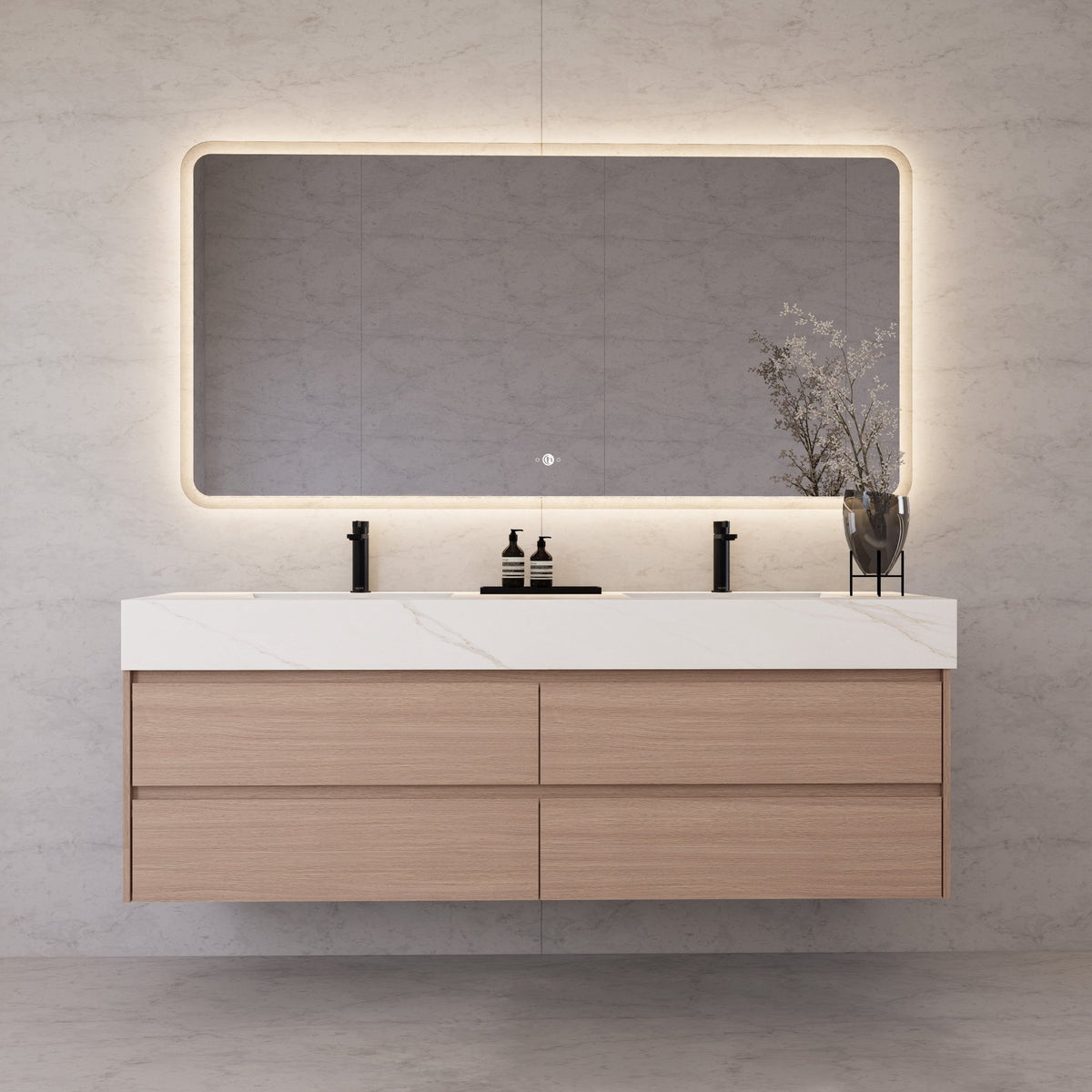 71"，60" Smoked Oak Double Sink Sintered Stone Top with Floating Bathroom Vanity -VanitySmoked Oak
