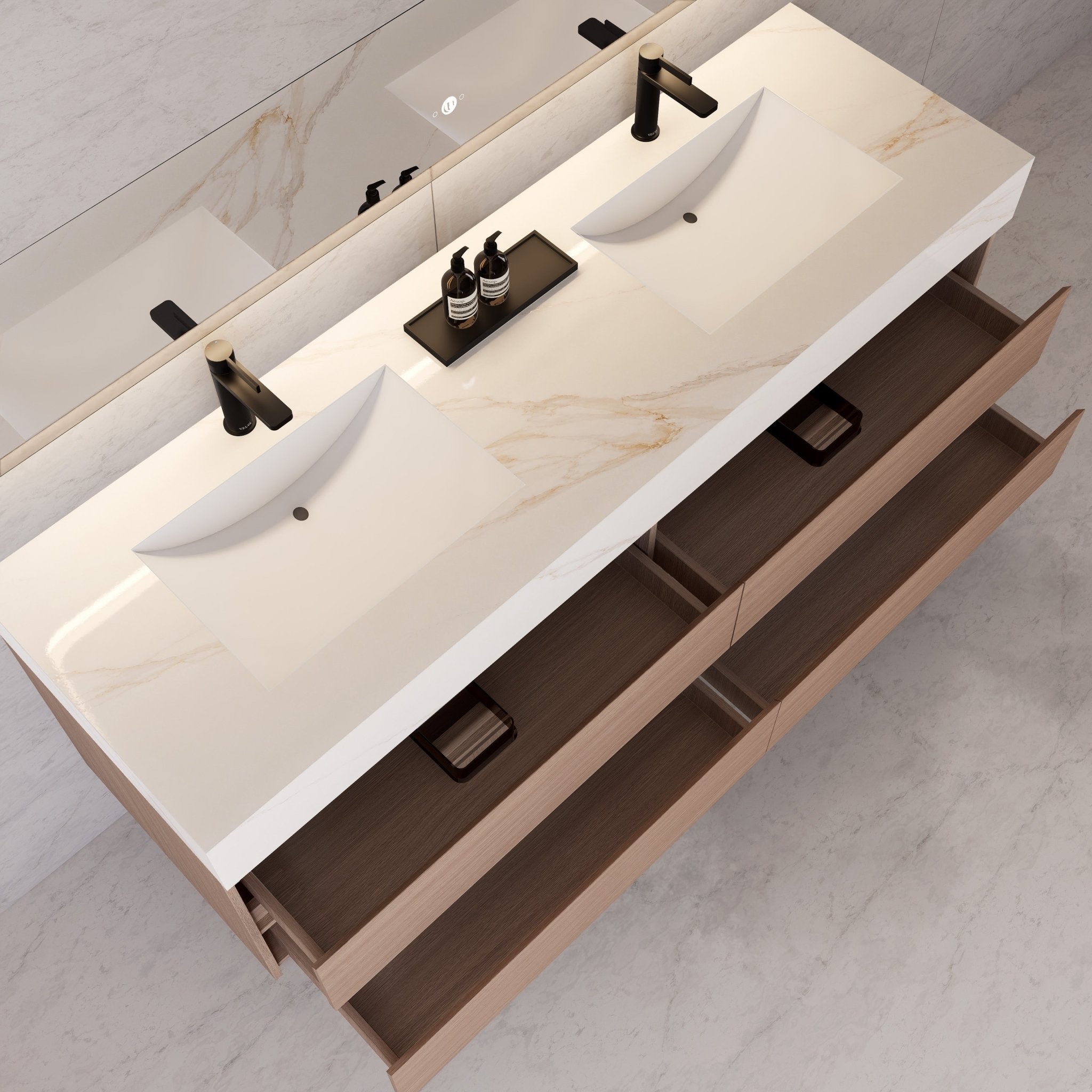 71"，60" Smoked Oak Double Sink Sintered Stone Top with Floating Bathroom Vanity -VanitySmoked Oak