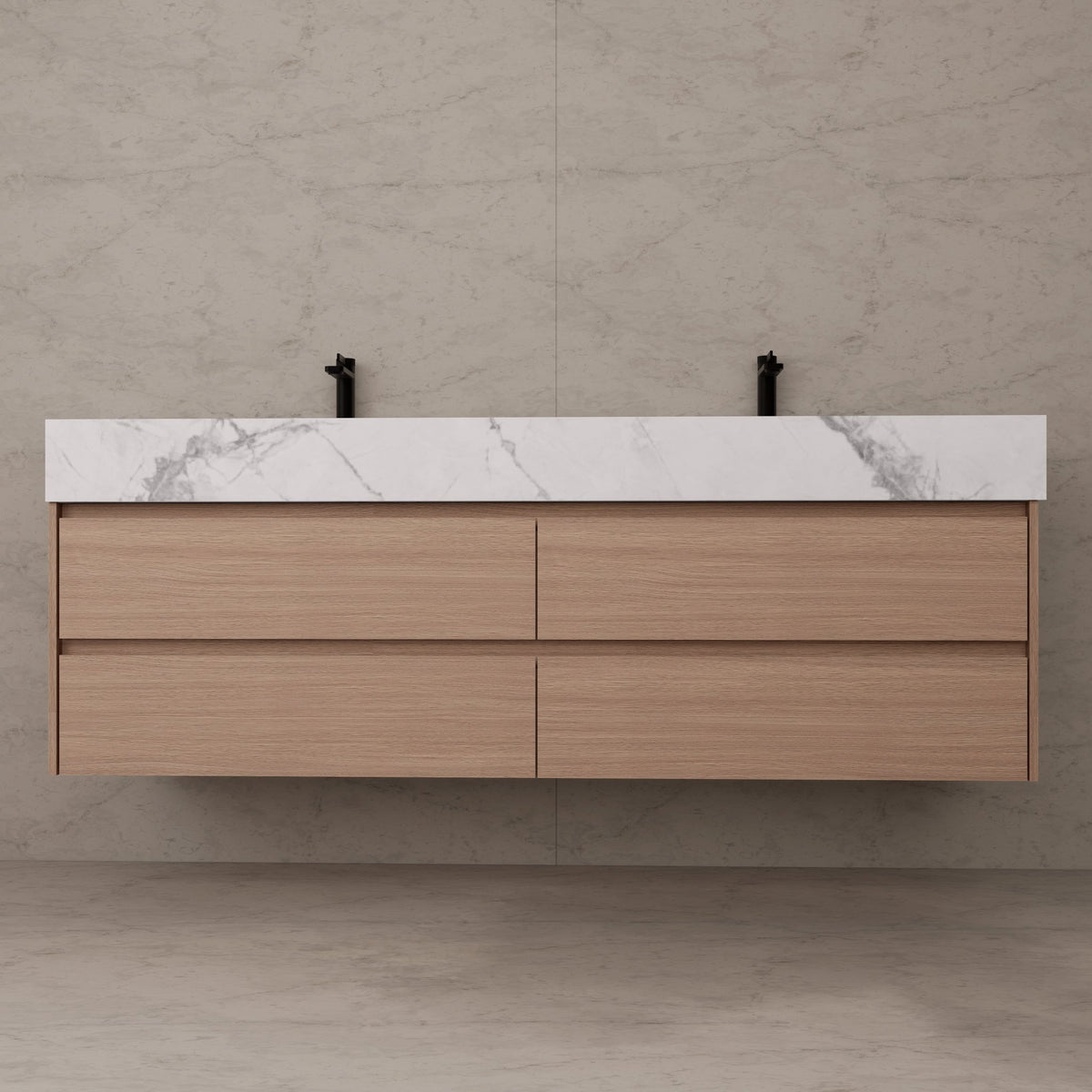 71"，60" Smoked Oak Double Sink Sintered Stone Top with Floating Bathroom Vanity -VanitySmoked Oak