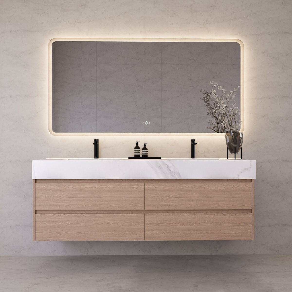 71"，60" Smoked Oak Double Sink Sintered Stone Top with Floating Bathroom Vanity -VanitySmoked Oak